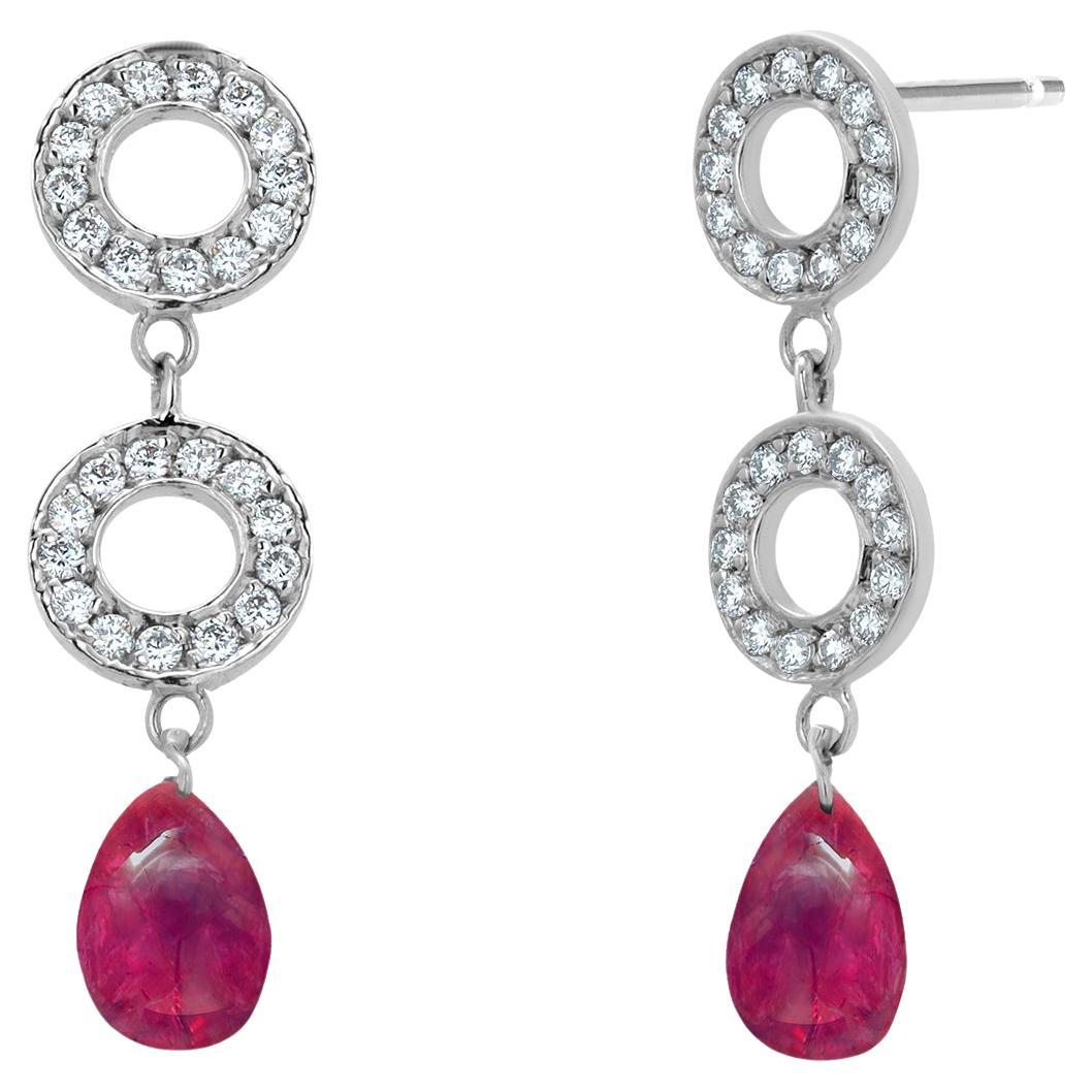 14K White Gold Diamond Circle Drop Earrings with Rare Ruby Briolettes
