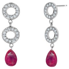 14K White Gold Diamond Circle Drop Earrings with Rare Ruby Briolettes