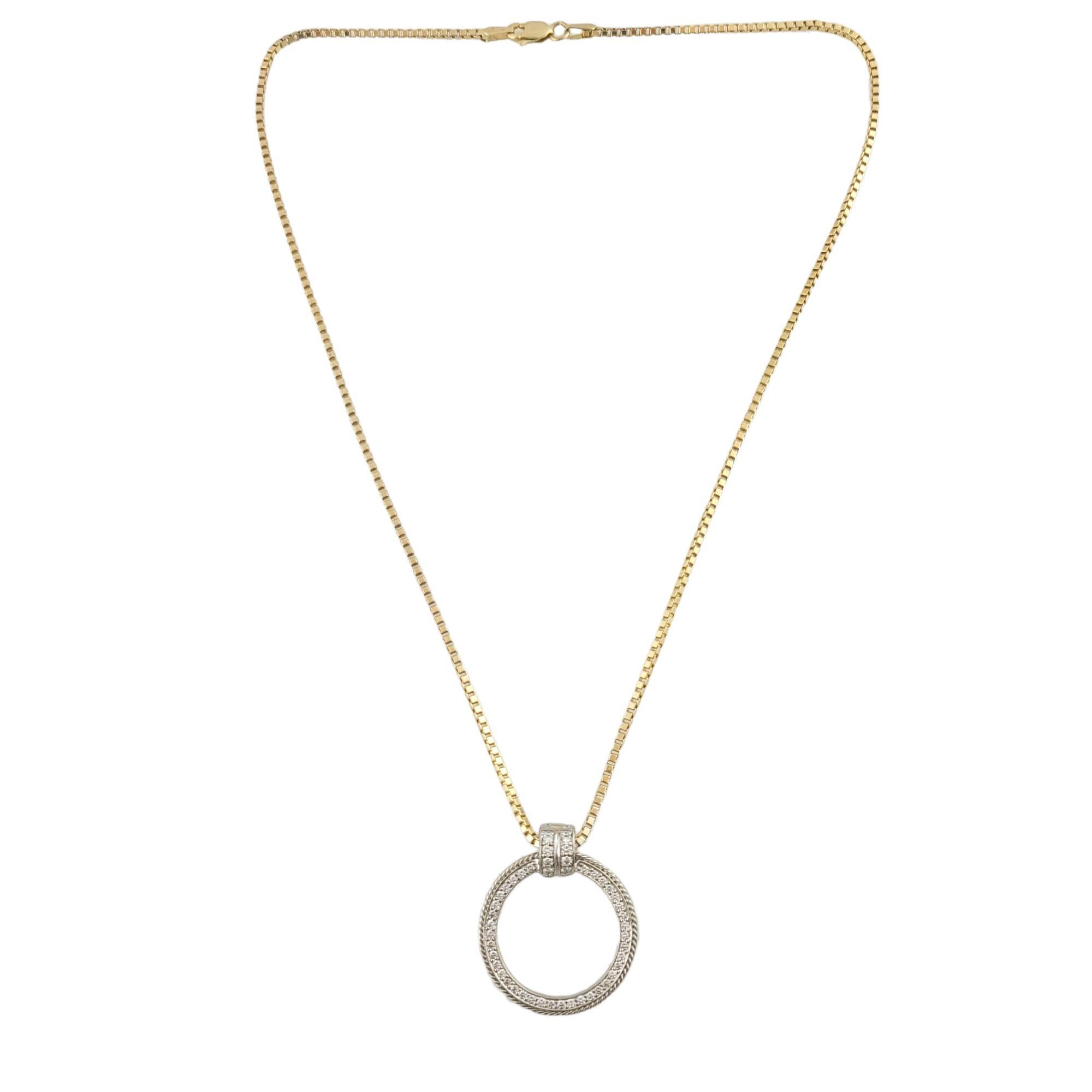 Vintage 14K White Gold Diamond Circle Pendant on a 14K Yellow Gold Chain

This gorgeous 14K white gold circle pendant is decorated with 46 sparkling round cut diamonds and it paired with a beautiful 14K yellow gold chain! Pendant has a detachable