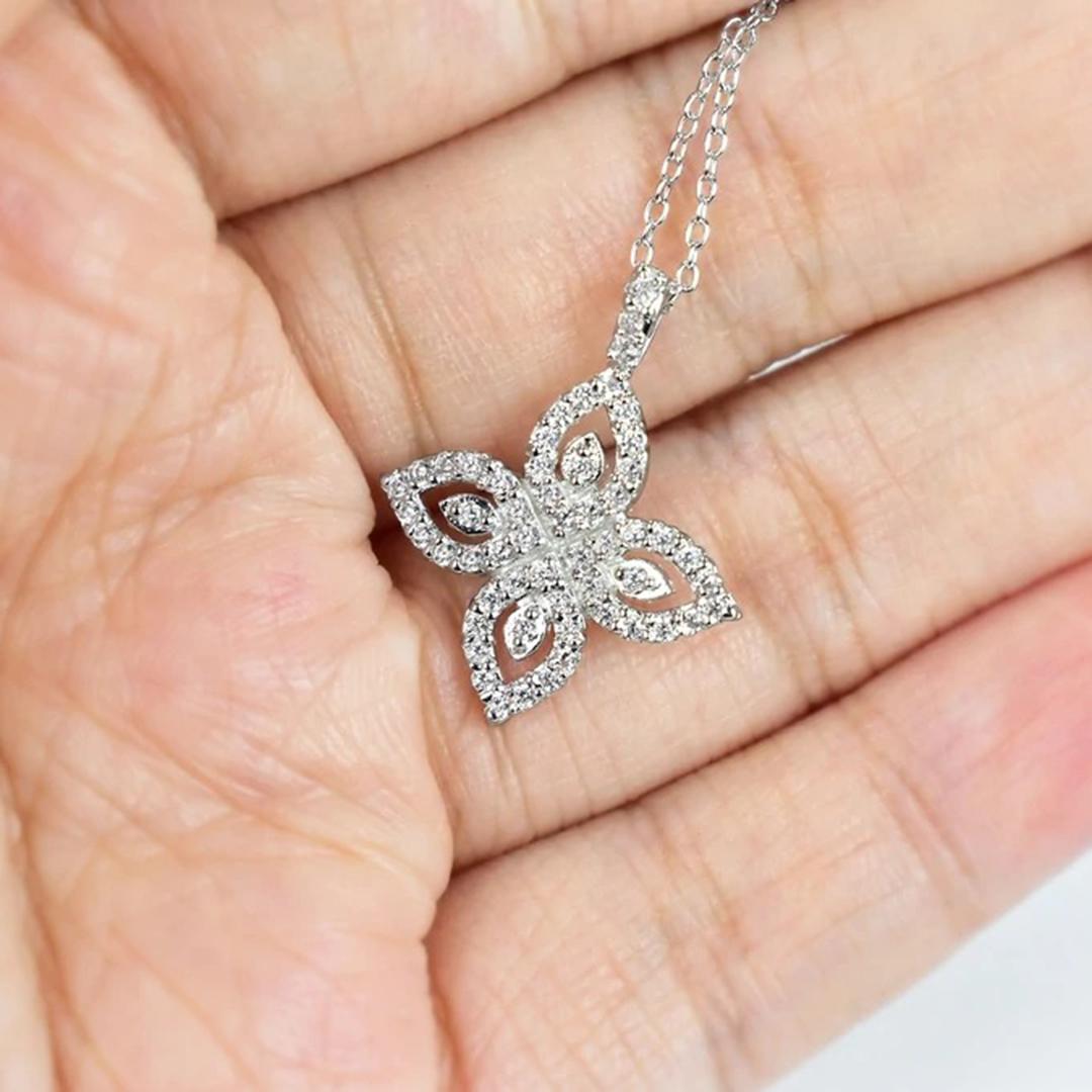 Women's or Men's 14k White Gold Diamond Clover Necklace
