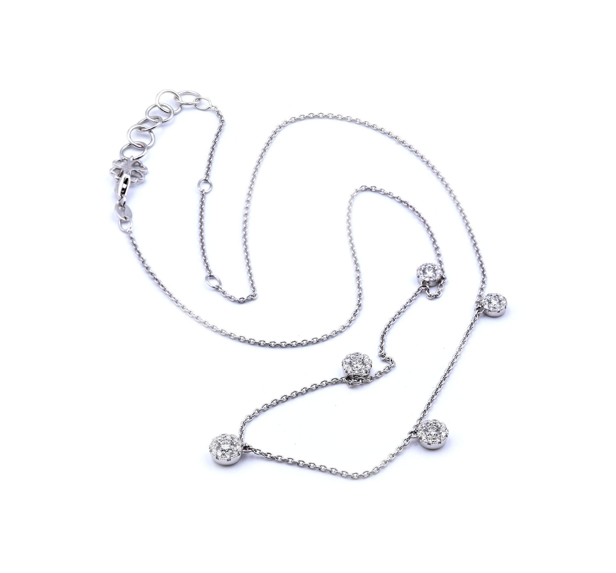 Designer: Custom
Material: 14K white gold
Diamonds: 50 round brilliant cut = 0.63cttw
Color: G
Clarity: VS2
Dimensions: necklace measures 18-inches length
Weight: 4.31 grams