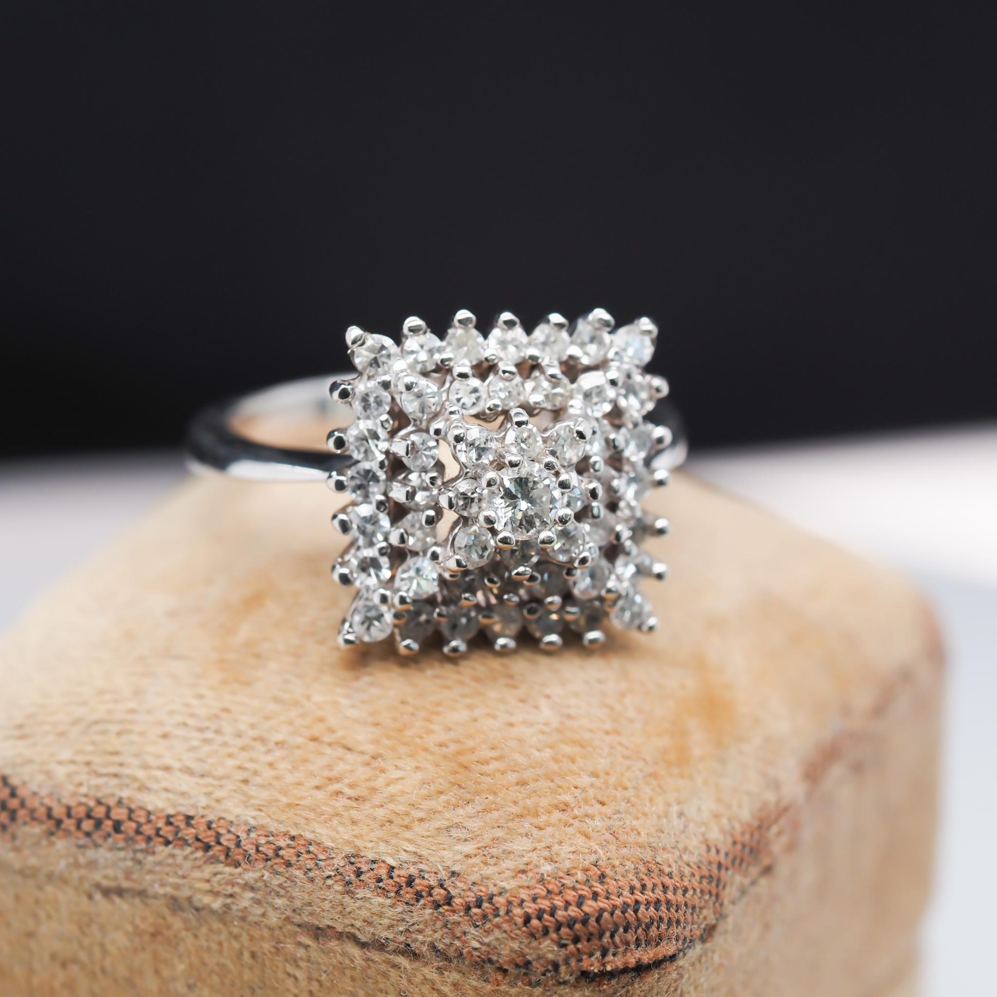 Women's or Men's 14k White Gold Diamond Cluster Cocktail Ring For Sale