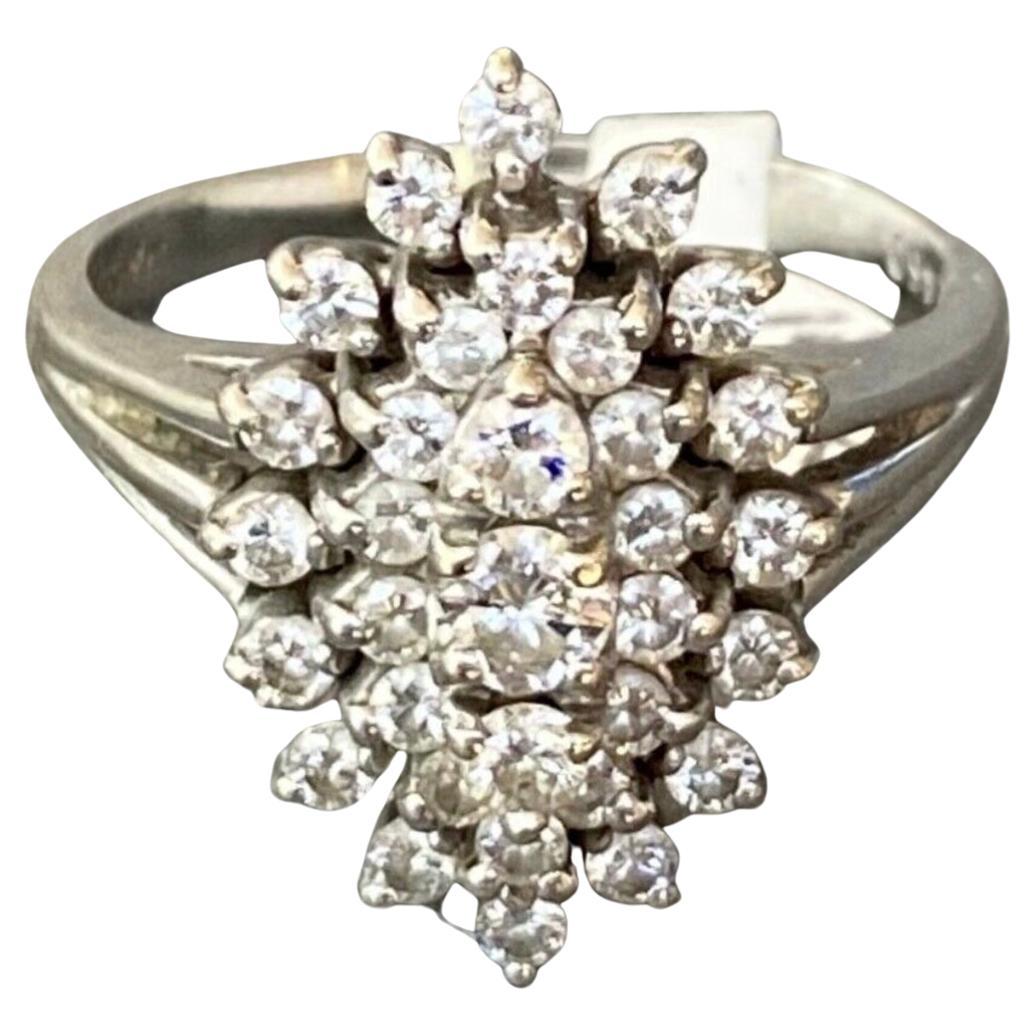 14K White Gold Diamond Cluster Cocktail Ring For Sale