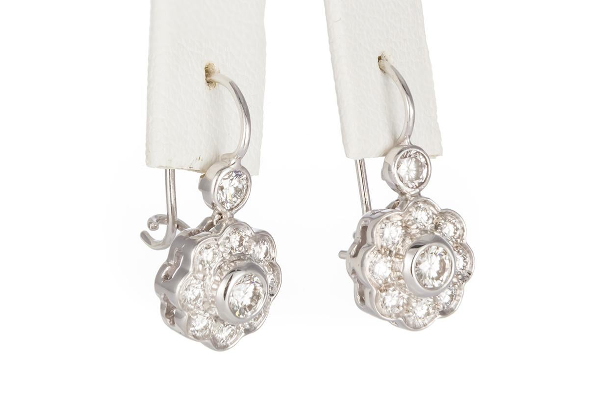 Modern 14 Karat White Gold and Diamond Cluster Dangle Drop Earrings 1.60 Carat