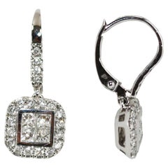 14K White Gold Diamond Cluster Dangle Earrings 0.50ct