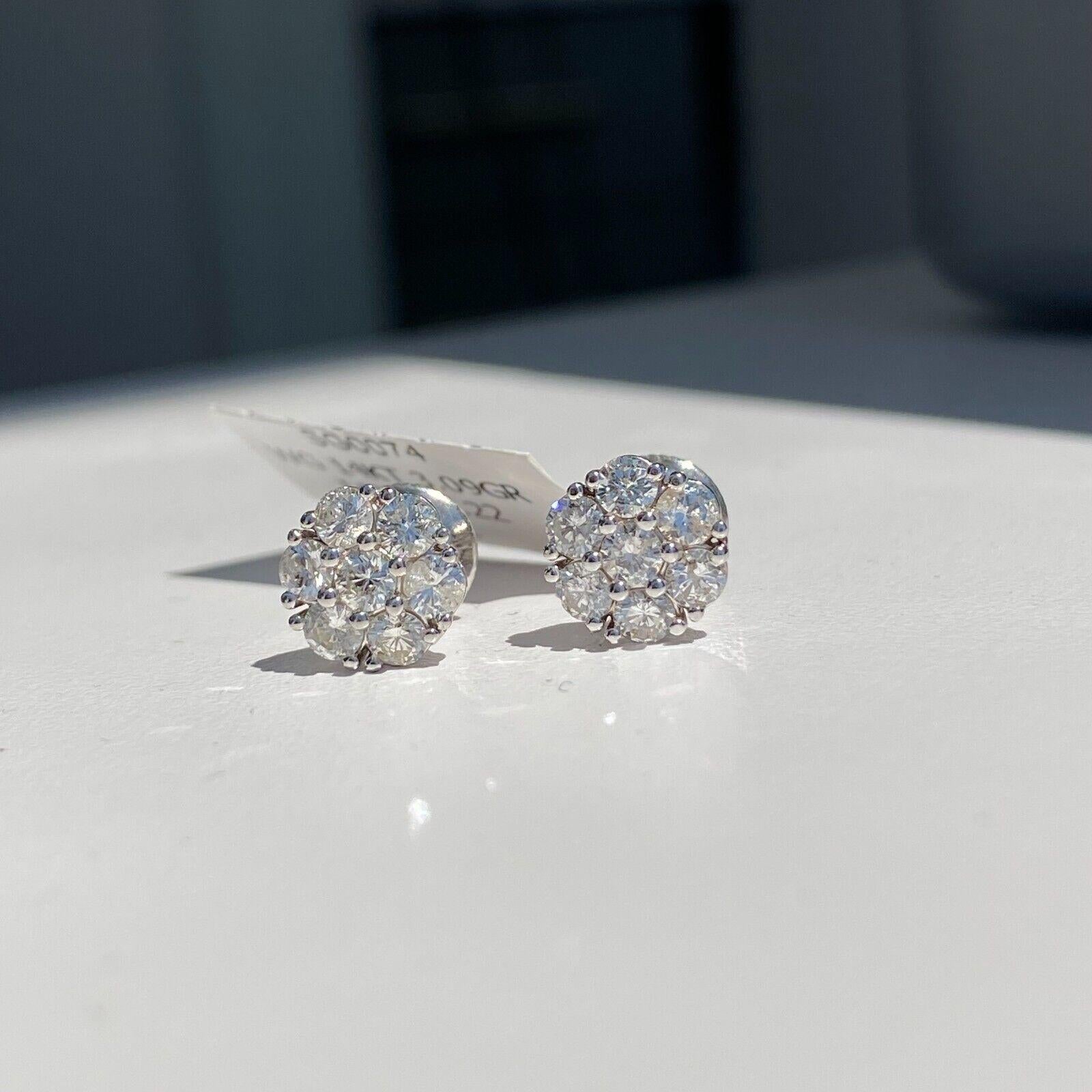 Modern 14k White Gold Diamond Cluster Earrings 1.22cts For Sale