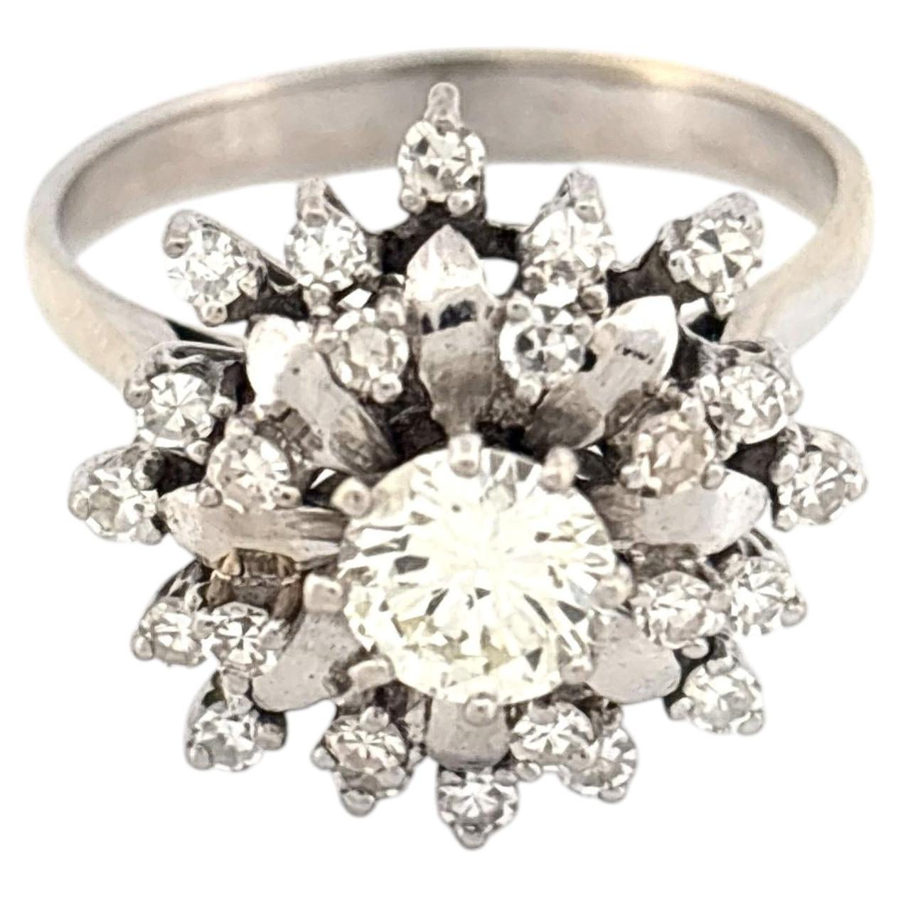 Dramatic Mid-Century 14K White Gold Diamond Starburst Cluster Ring