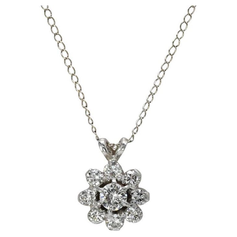 14k White Gold Diamond Cluster Pendant Necklace, .65tdw, 2.5g For Sale