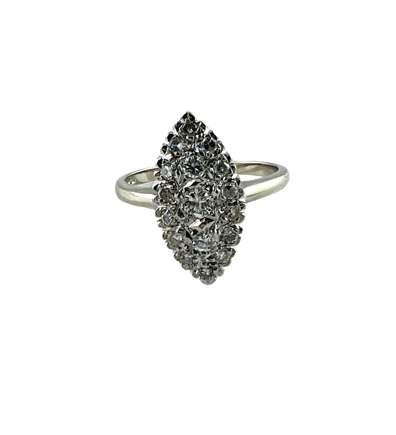 14K White Gold Diamond Cluster Ring

This beautiful sparkling ring is set with 3 center round brilliant diamonds totaling approx. 0.20 cts

14 single cut diamonds surround the center diamond totaling approximately 0.28 cts

0.48 cts in total diamond