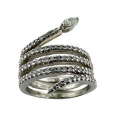 14K White Gold Diamond Coil Snake Band Ring with Marquise Diamond Head