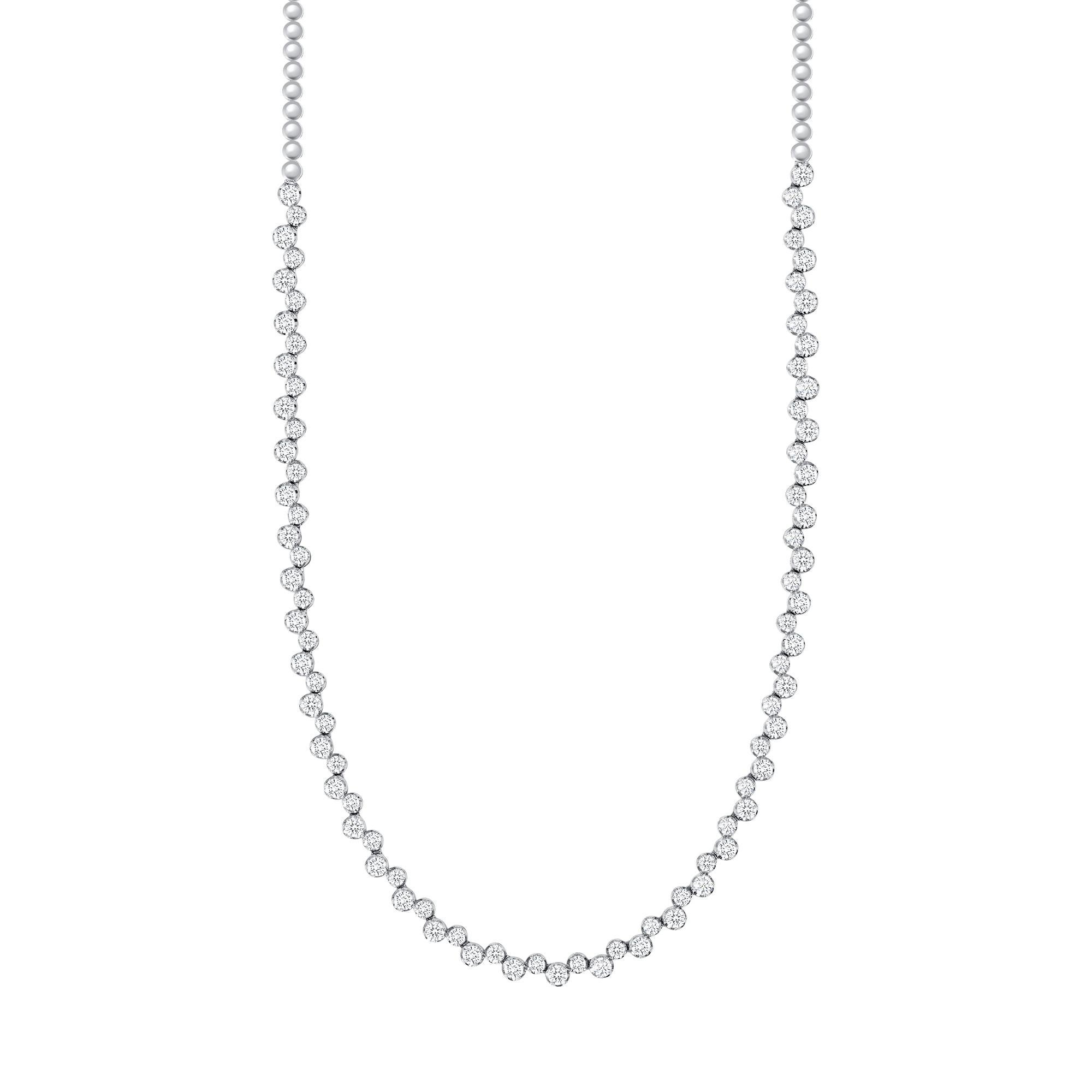 Modern 14k White Gold Diamond Round  Brilliant  Alternating Tennis Necklace