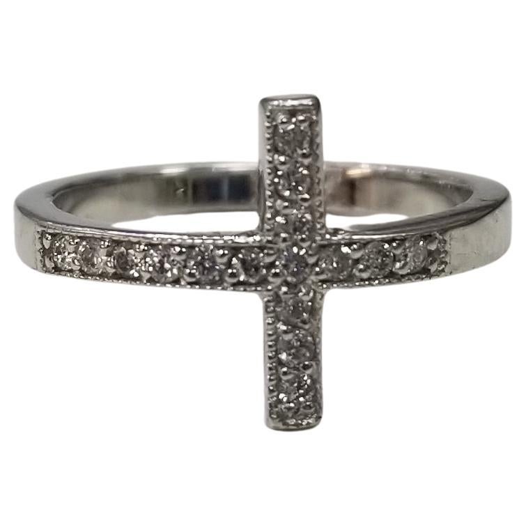 14 Karat White Gold Diamond "Cross" Ring .16 Carats For Sale