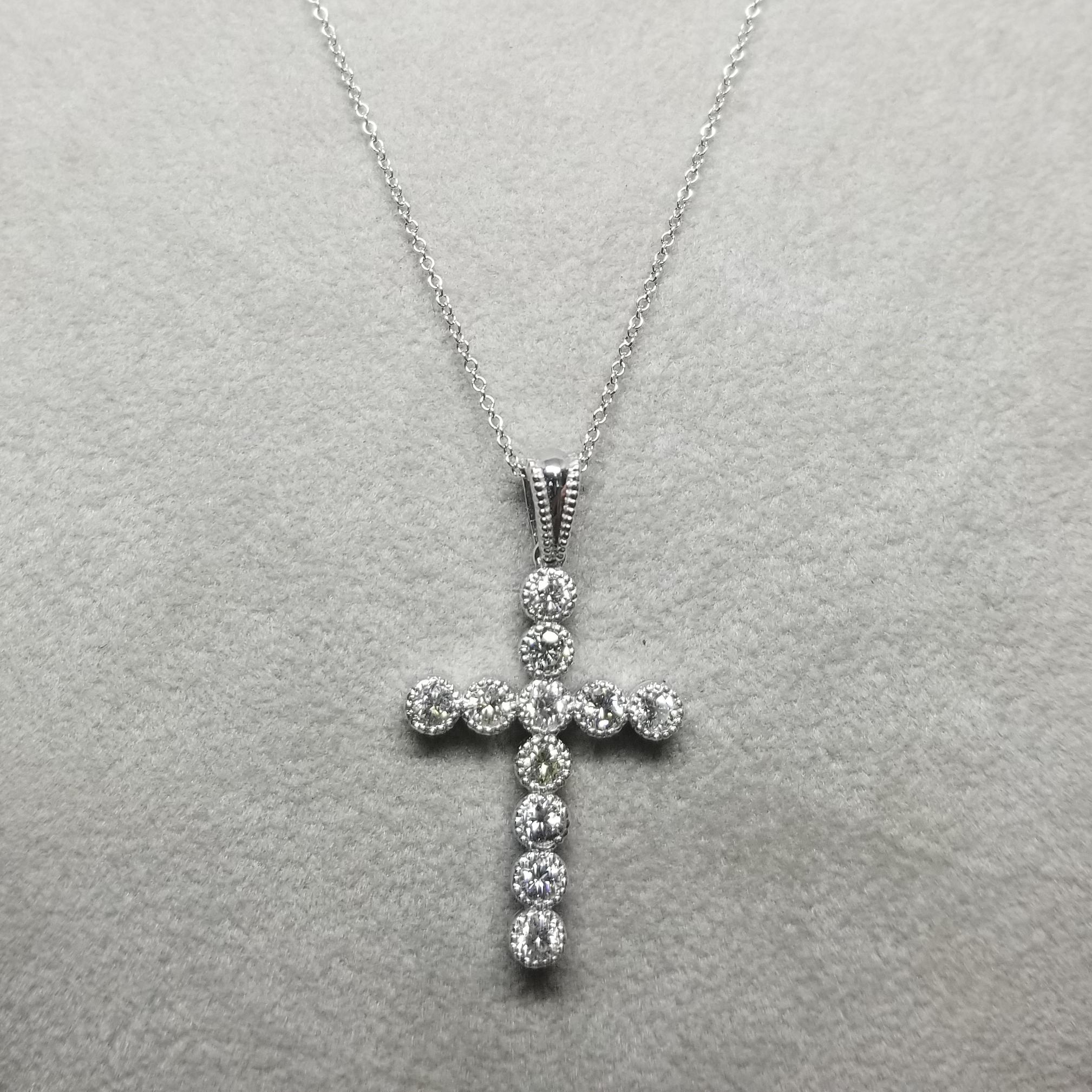 Contemporary 14k White Gold Diamond Cross with Beading Around Each Diamond For Sale