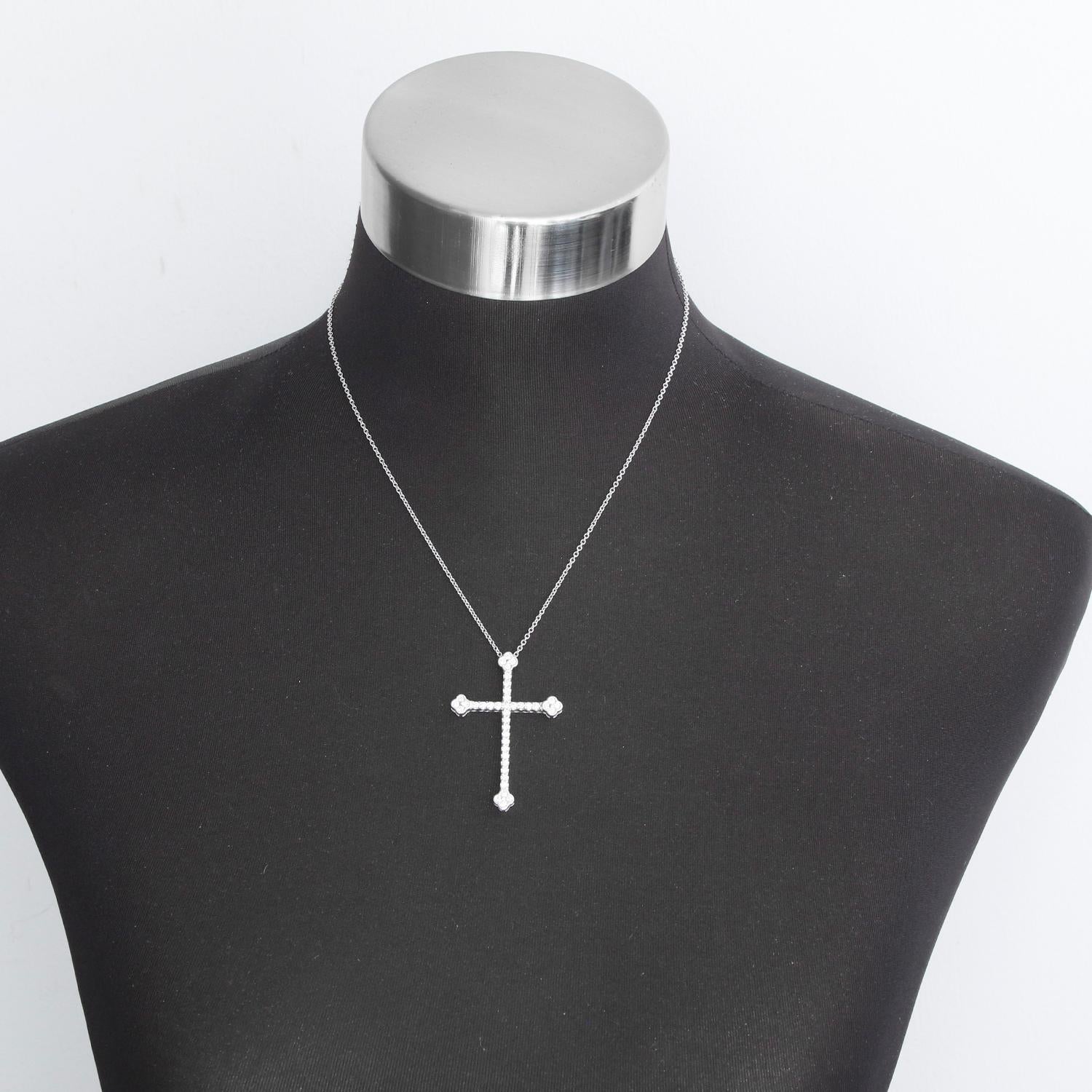 14K White Gold  Diamond Cross with Chain - Beautiful cross weighing 1.3 carats on a 18 inch white gold chain. Cross measures 1.25 inches by 2 inches. Total weight 3.7 grams. Pre-owned with DeMesy box.