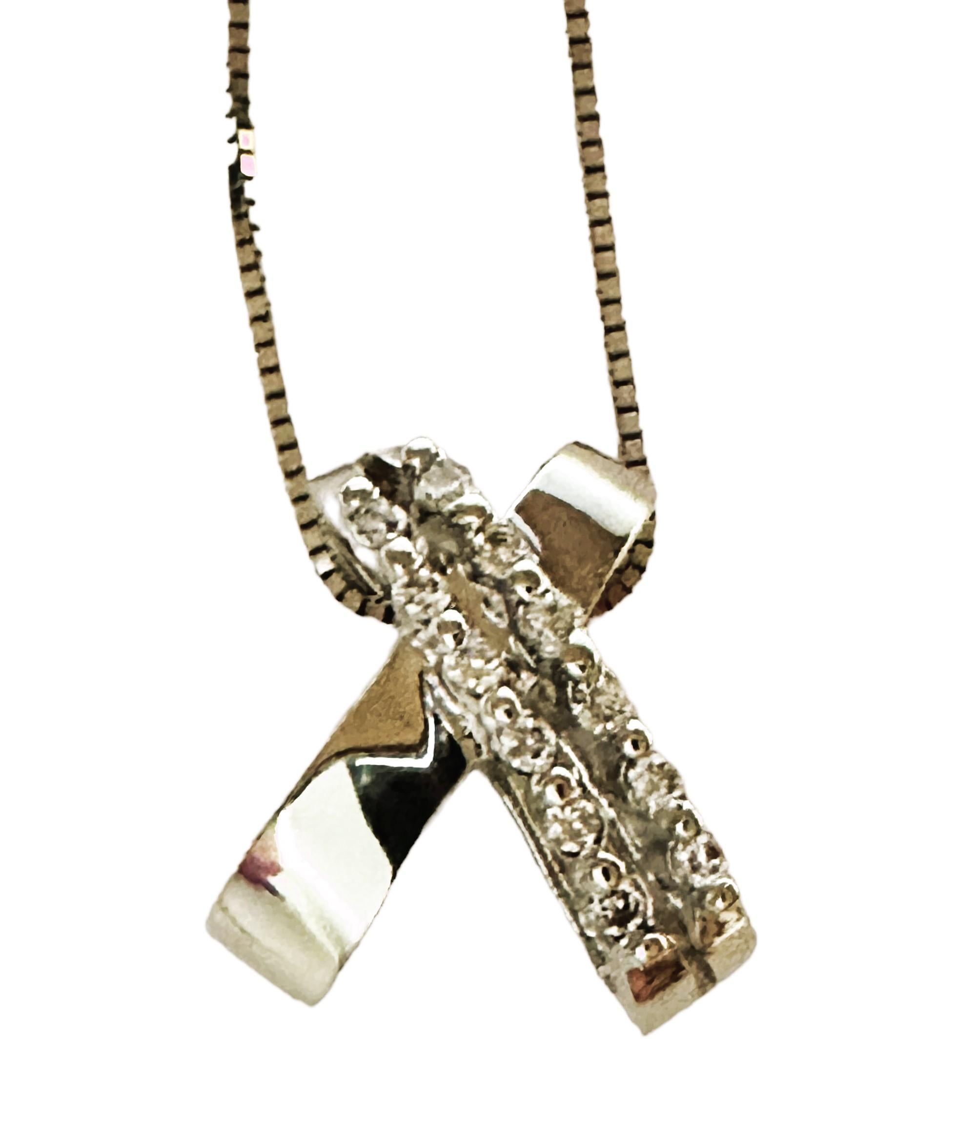 14k White Gold Diamond Crossover Pendant w 14k Chain & Appraisal For Sale 3