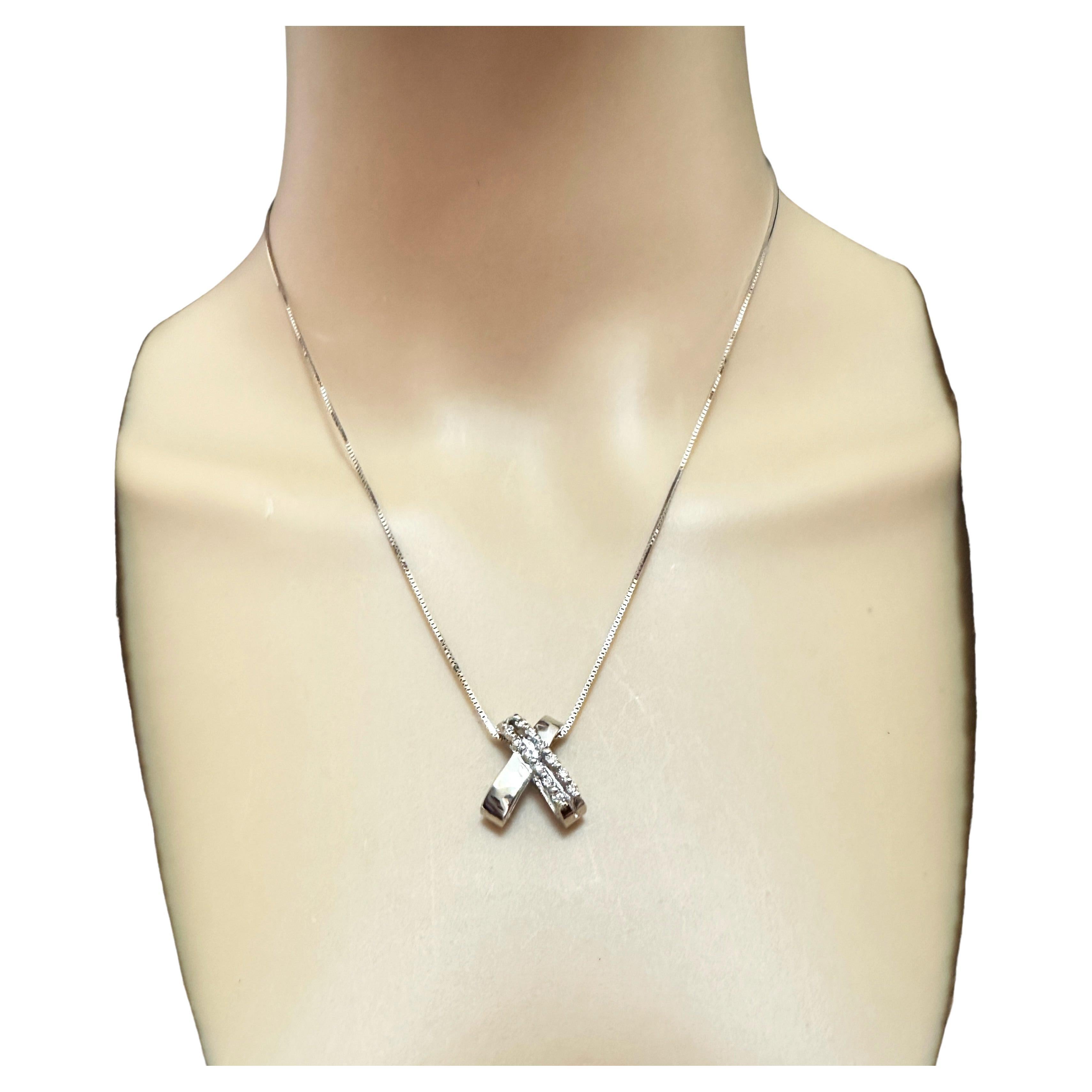 14k White Gold Diamond Crossover Pendant w 14k Chain & Appraisal For Sale