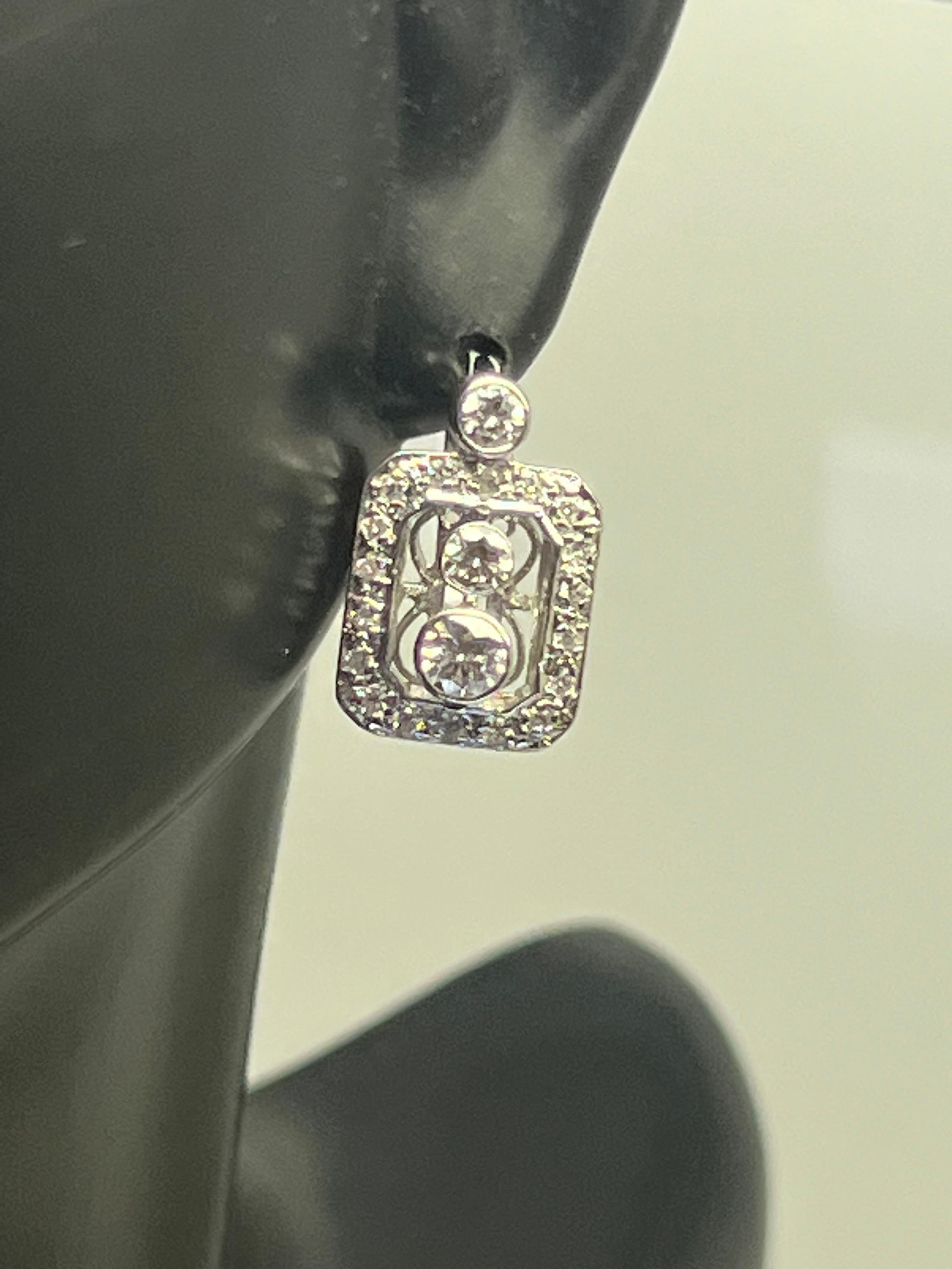 Art Deco 14k White Gold Diamond Dangle Bezel Pave Earrings For Sale