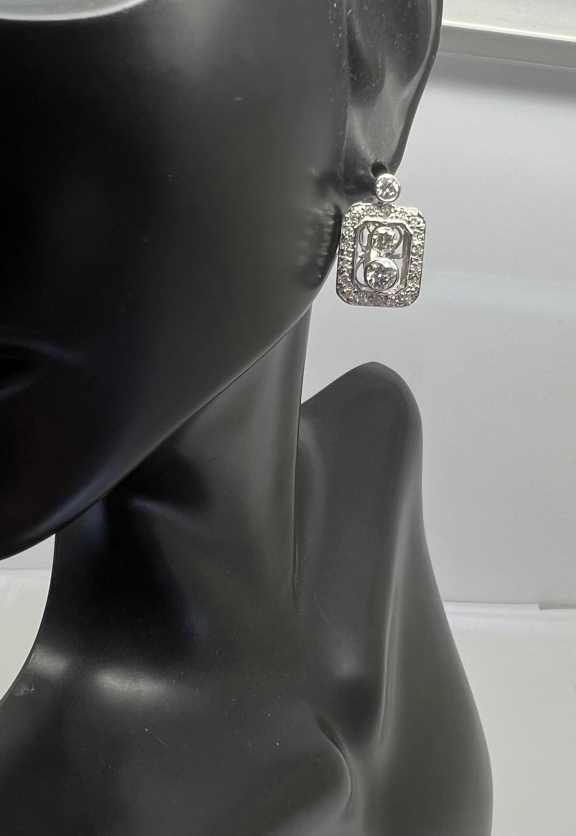 Round Cut 14k White Gold Diamond Dangle Bezel Pave Earrings For Sale