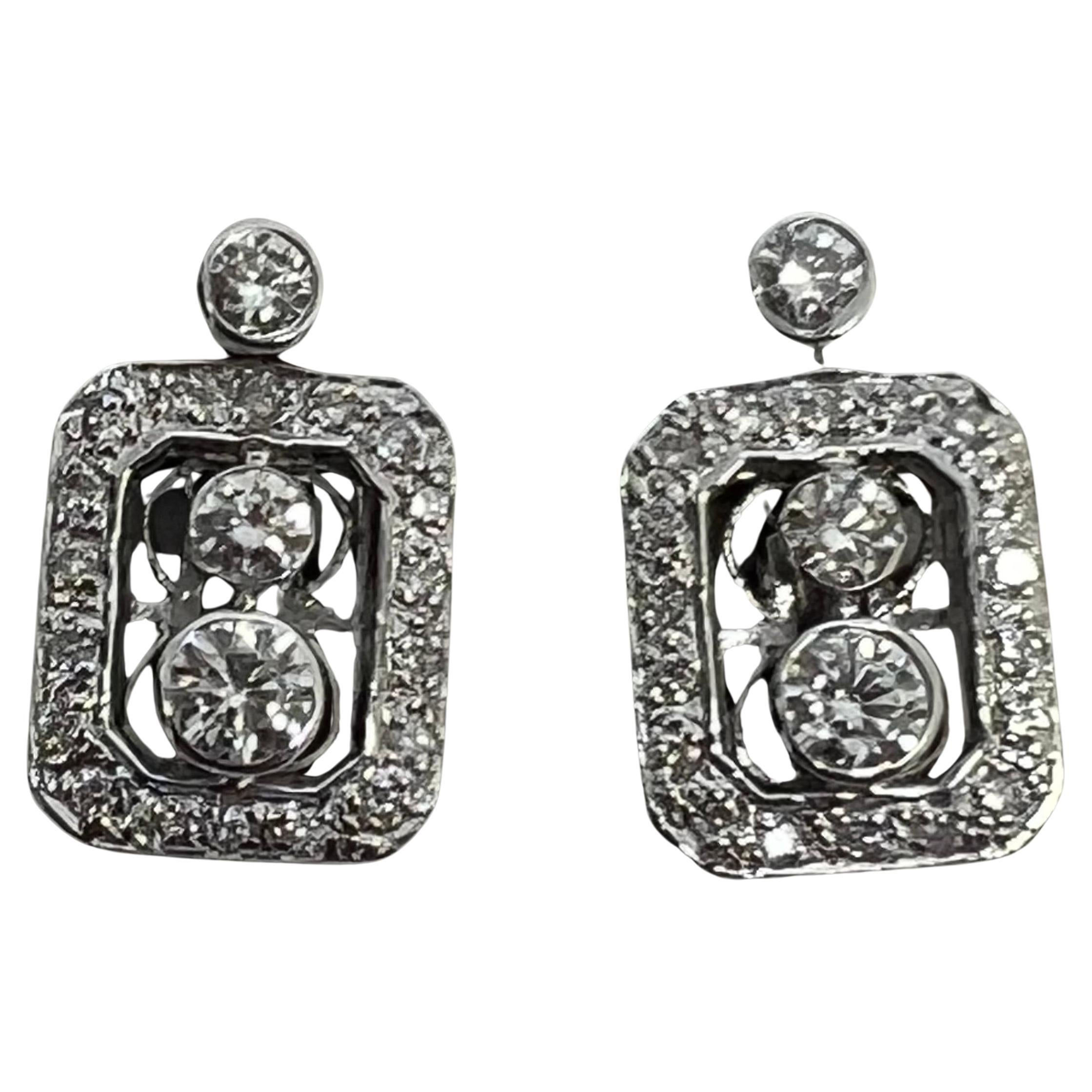 14k White Gold Diamond Dangle Bezel Pave Earrings For Sale