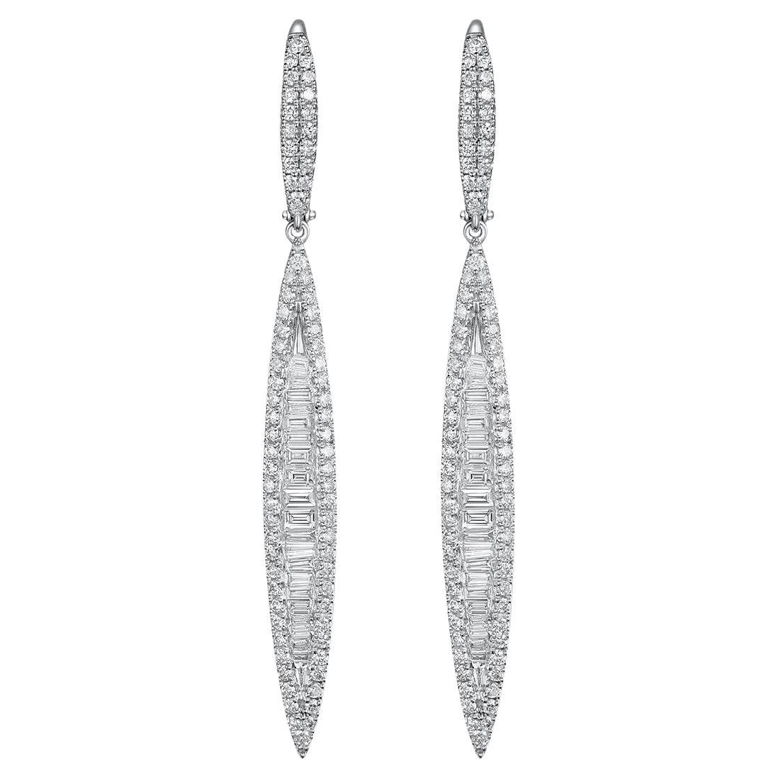 14K White Gold Diamond Dangle Earrings Featuring Tapered and Round Diamonds For Sale