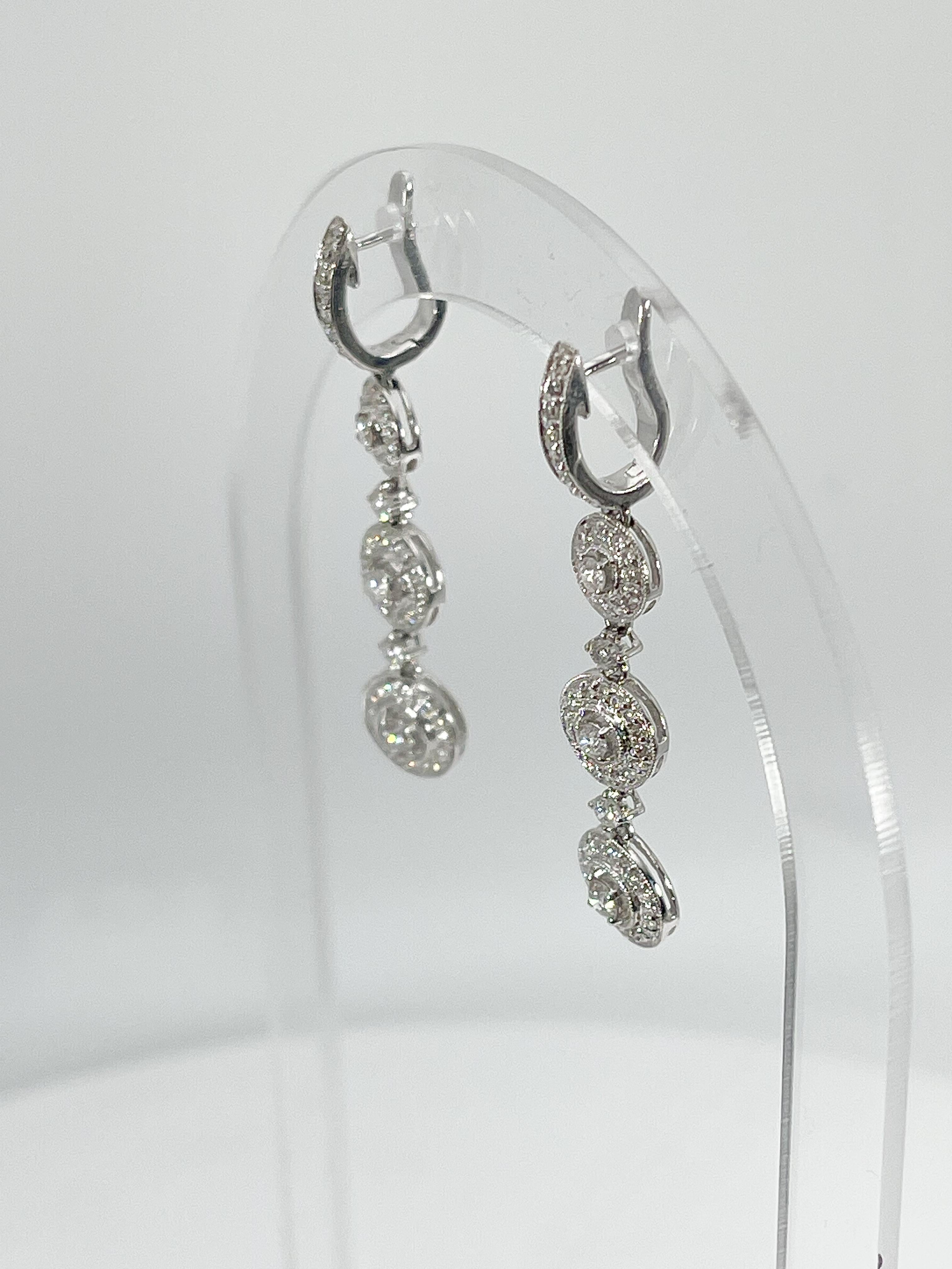 Round Cut 14K White Gold Diamond Dangle Earrings  For Sale