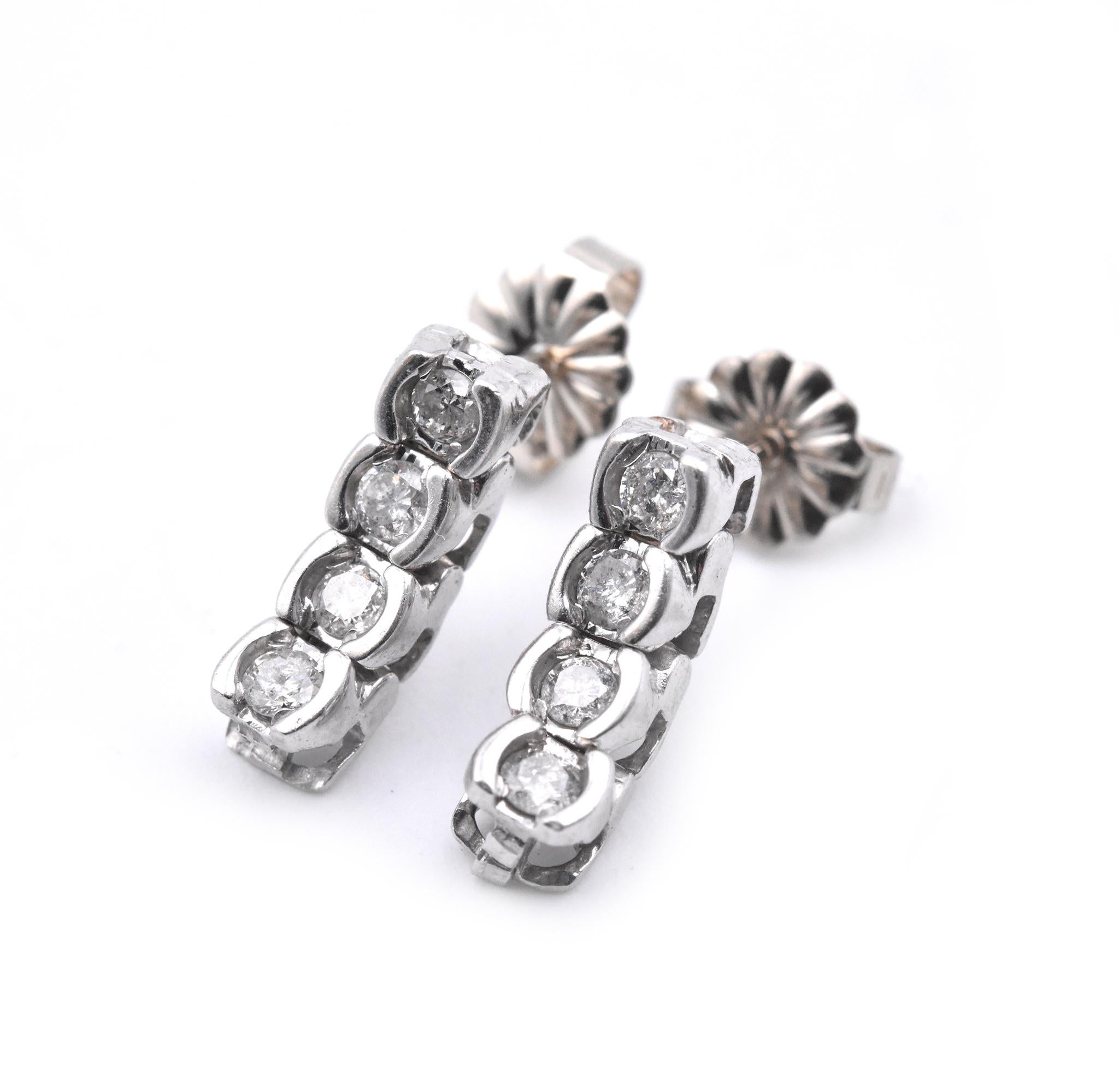 Round Cut 14 Karat White Gold Diamond Dangle Earrings For Sale