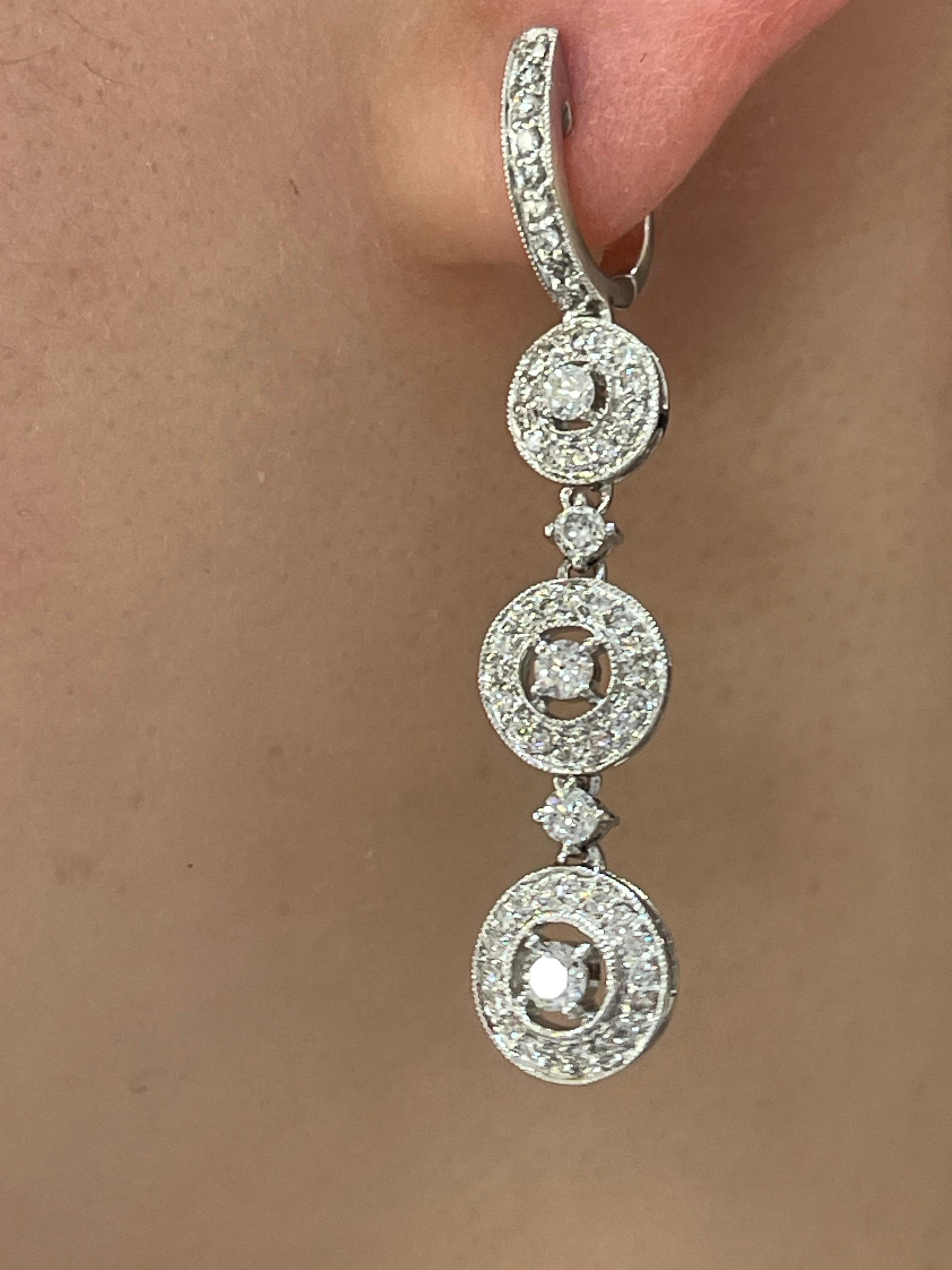 Women's 14K White Gold Diamond Dangle Earrings  For Sale