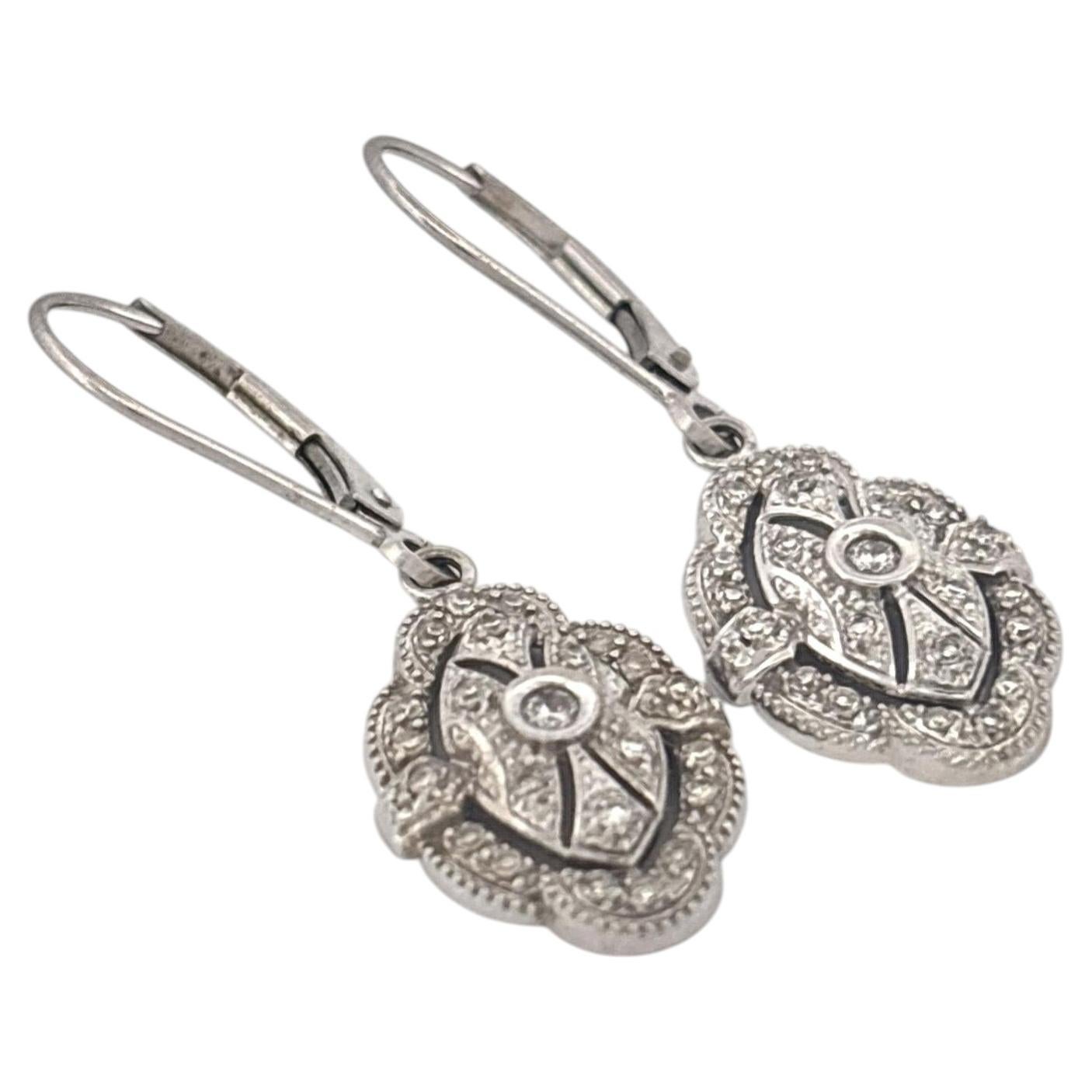 14K White Gold Diamond Dangle Earrings Suspended From Lever Back