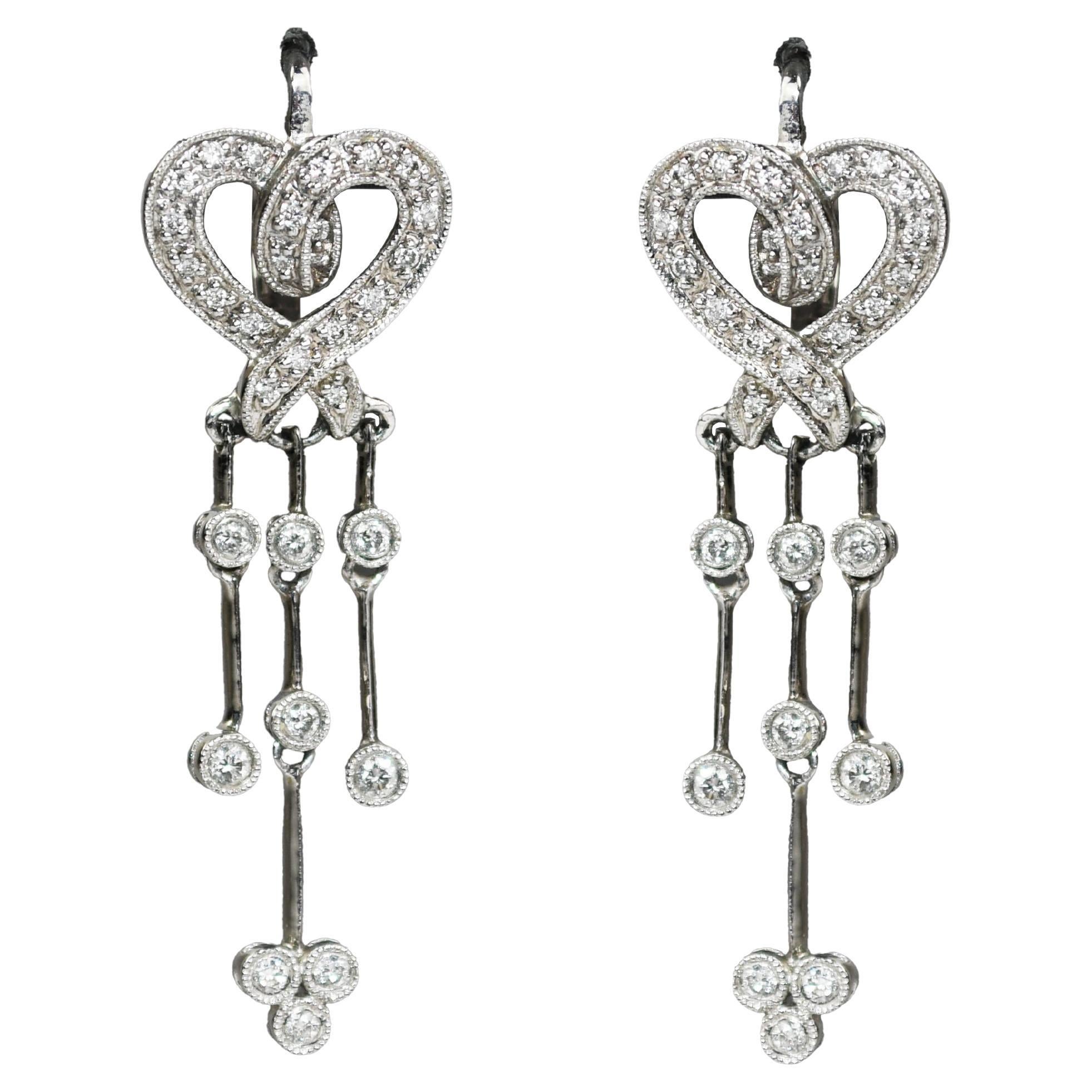 14K White Gold Diamond Dangle Heart Earrings 0.50ct