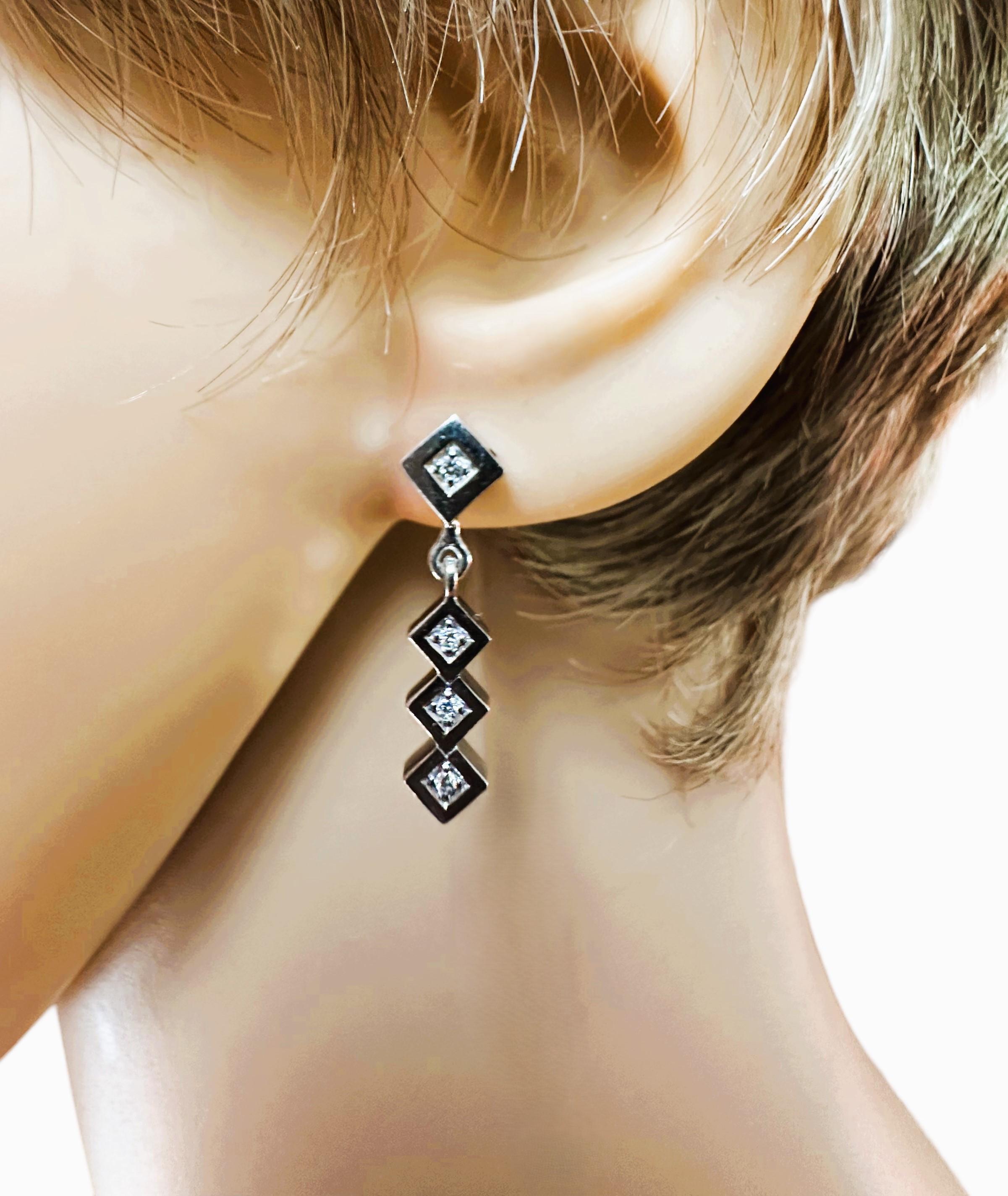 Art Deco 14k White Gold .15 Carat Diamond Dangle Post Earrings 1 inch long