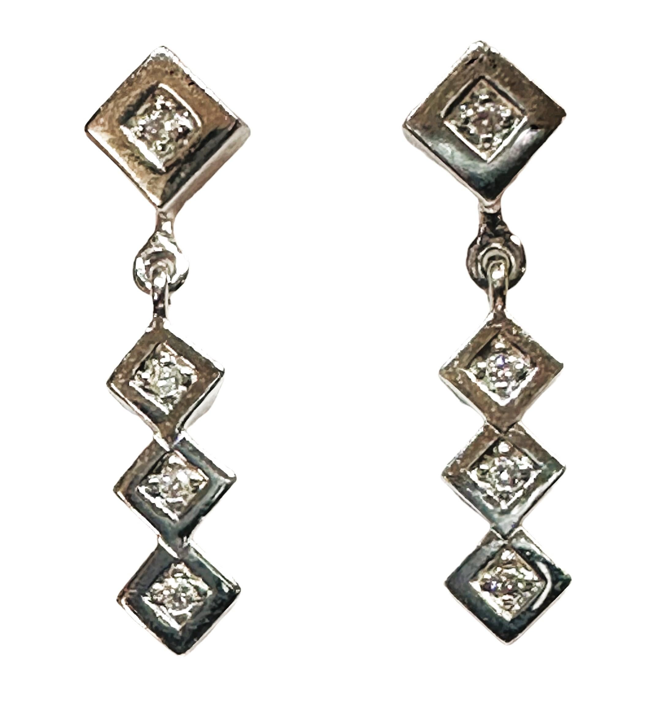 14k White Gold .15 Carat Diamond Dangle Post Earrings 1 inch long 1