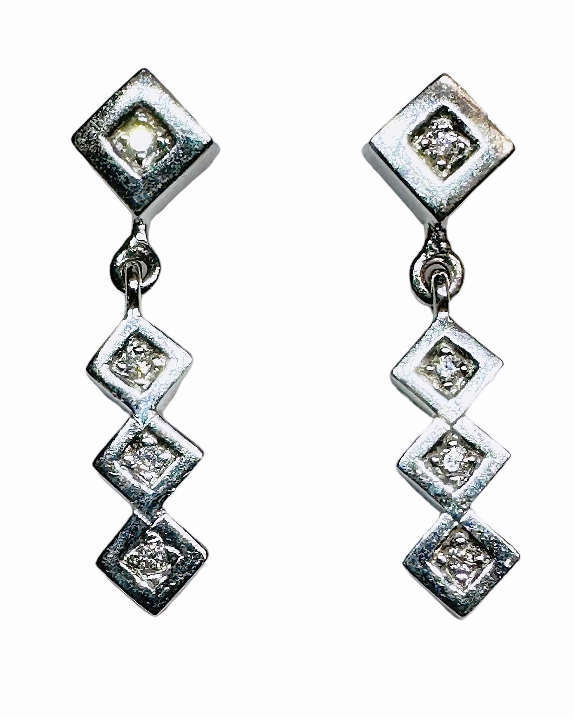 14k White Gold .15 Carat Diamond Dangle Post Earrings 1 inch long 2