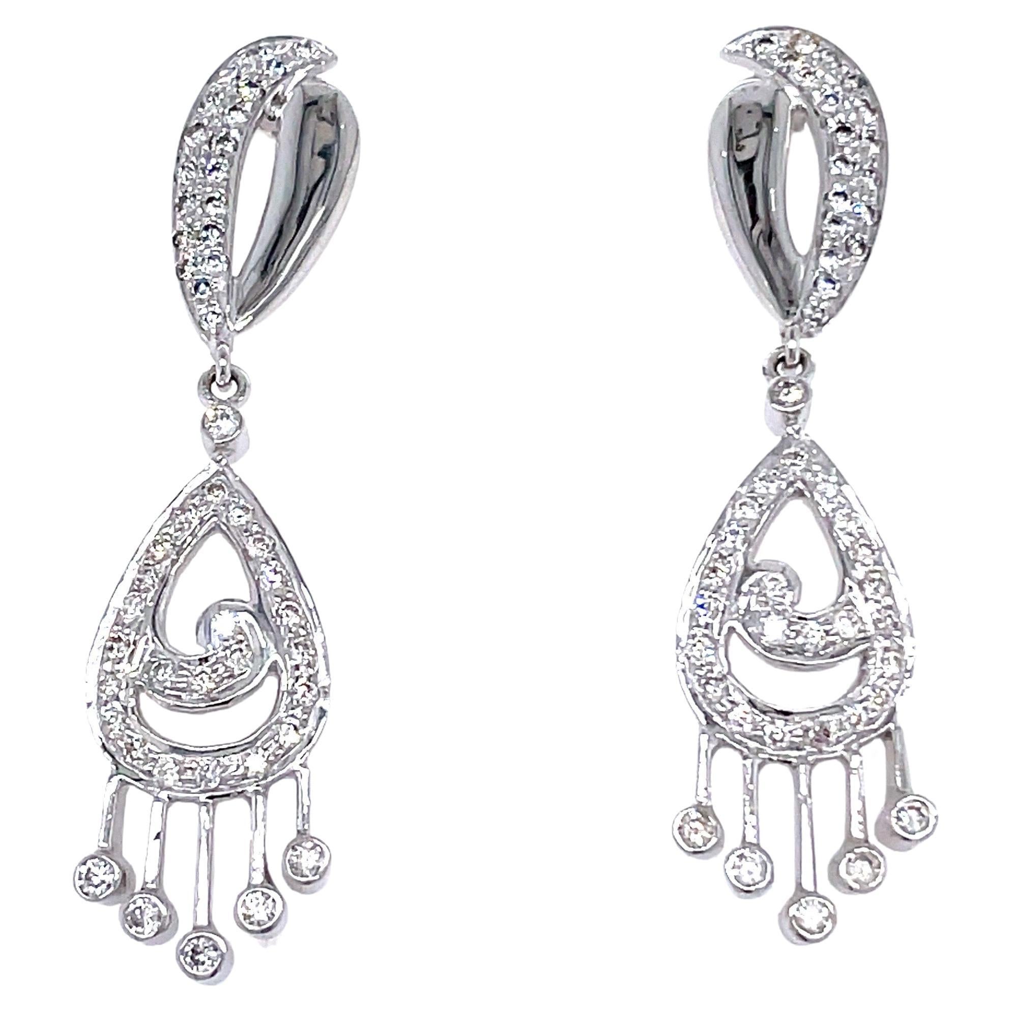 14K White Gold Diamond Dangling Earrings 