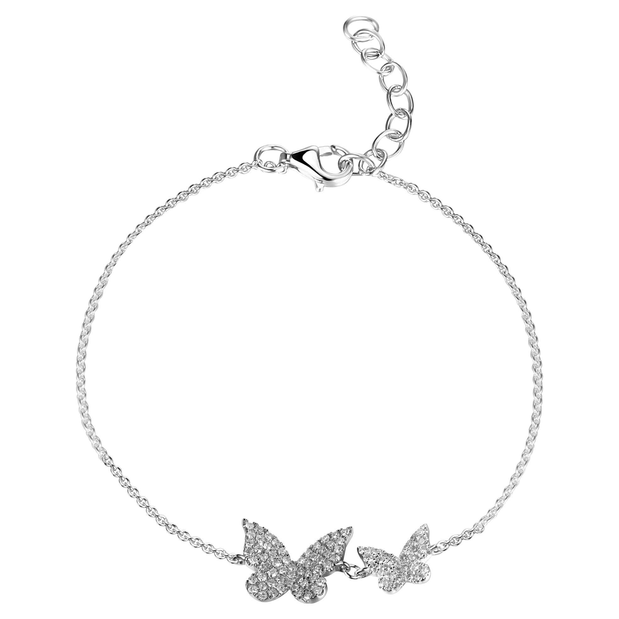 14K White Gold Diamond Double Butterfly Chain Bracelet for Her For Sale