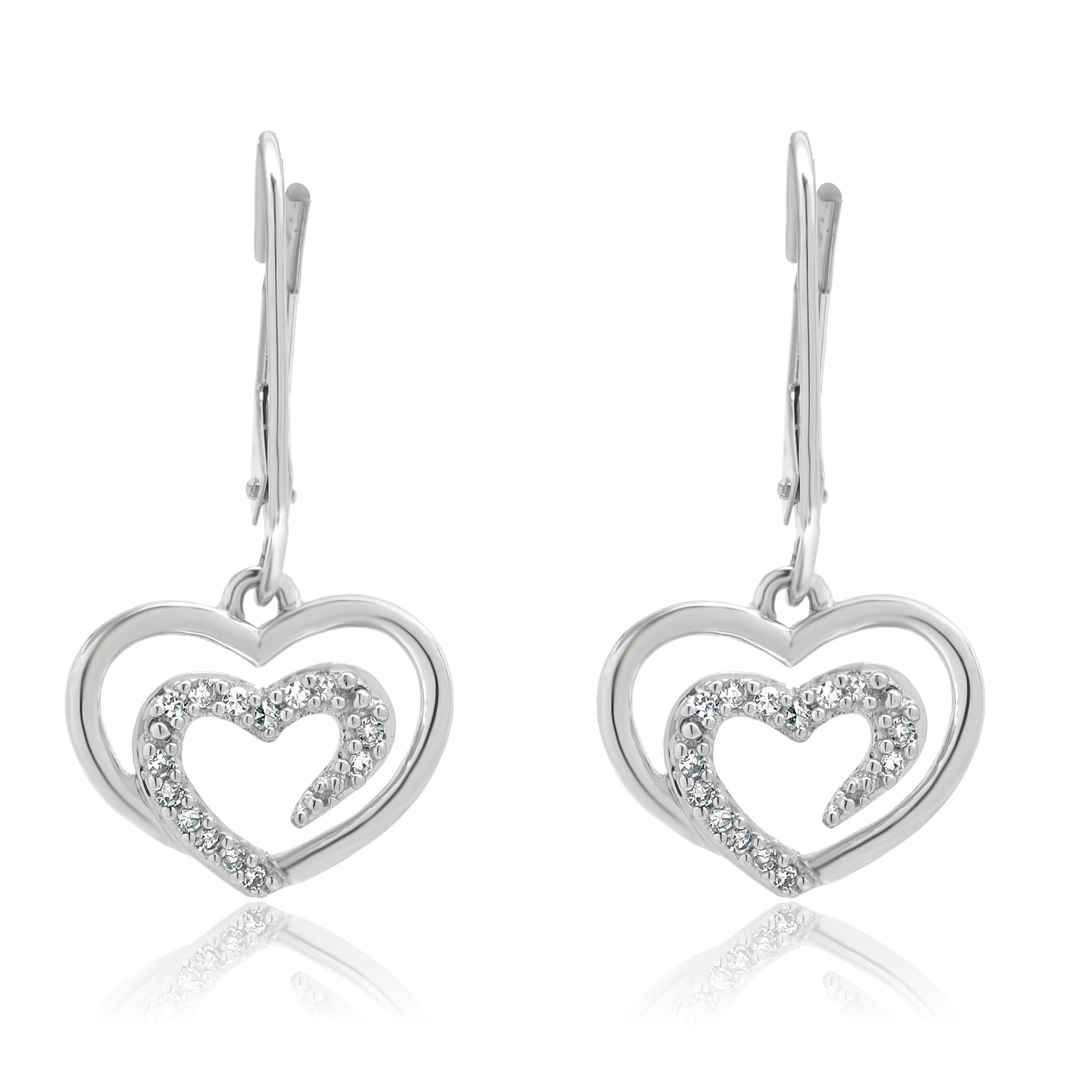 Orecchini a doppio cuore con diamante in oro bianco 14K