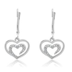 Orecchini a doppio cuore con diamante in oro bianco 14K