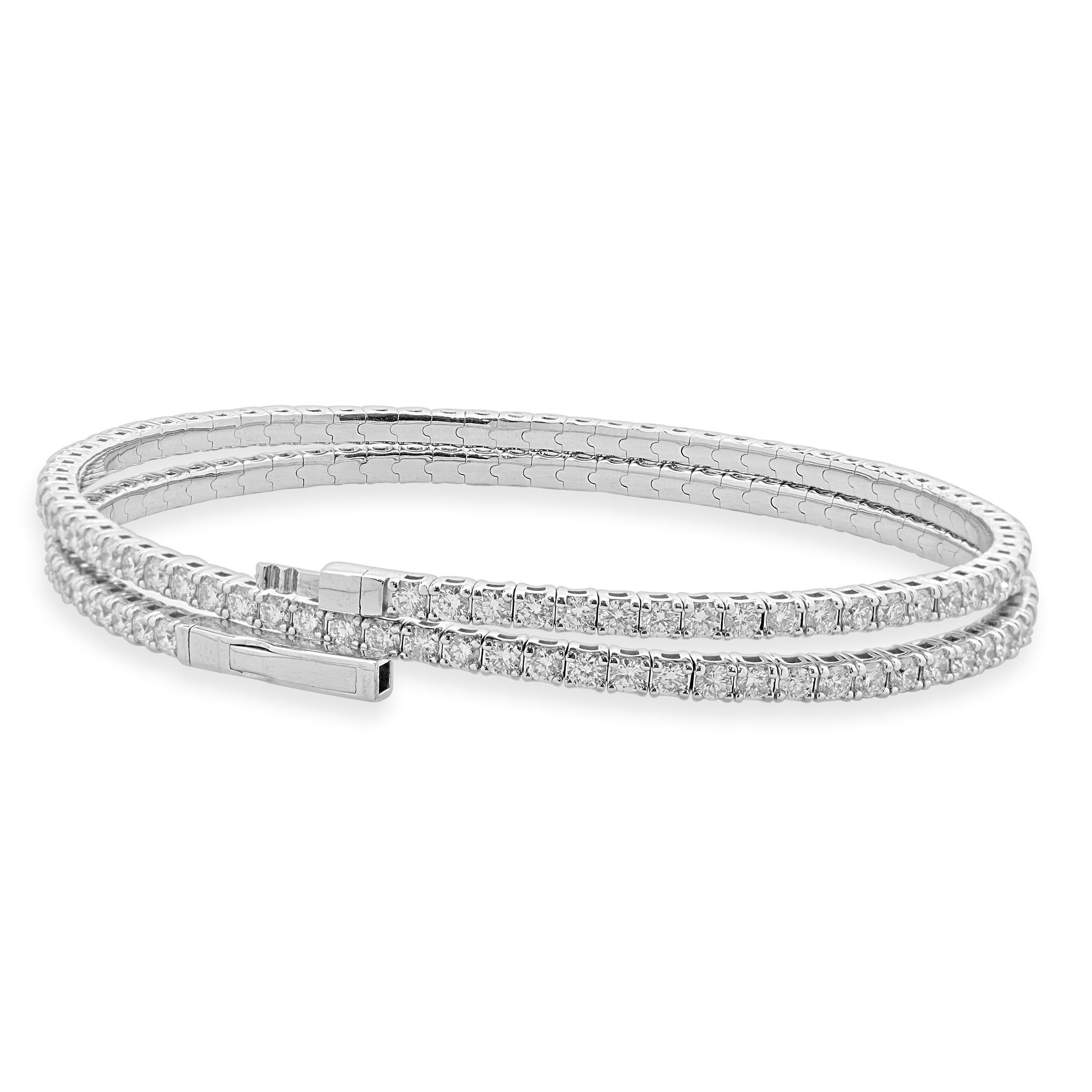 Round Cut 14k White Gold Diamond Double Wrap Flex Bangle Bracelet For Sale