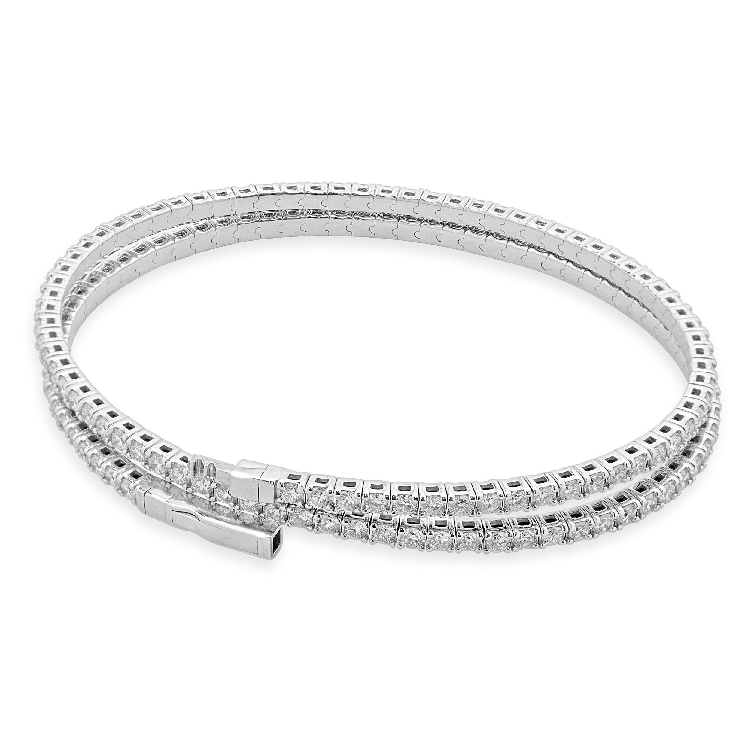 14k White Gold Diamond Double Wrap Flex Bangle Bracelet In Excellent Condition For Sale In Scottsdale, AZ