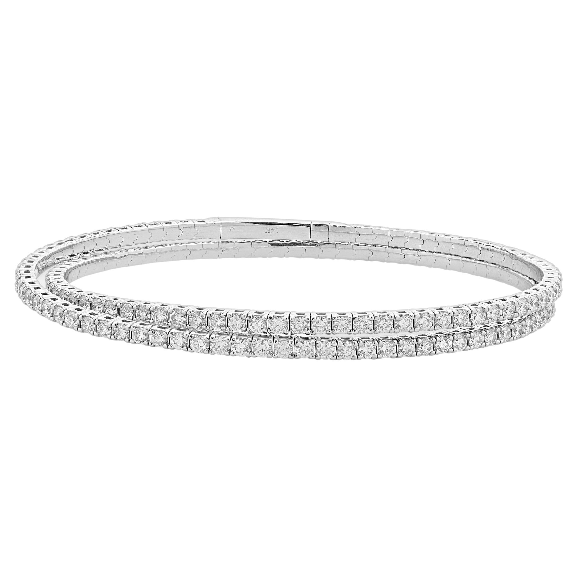 14k White Gold Diamond Double Wrap Flex Bangle Bracelet For Sale