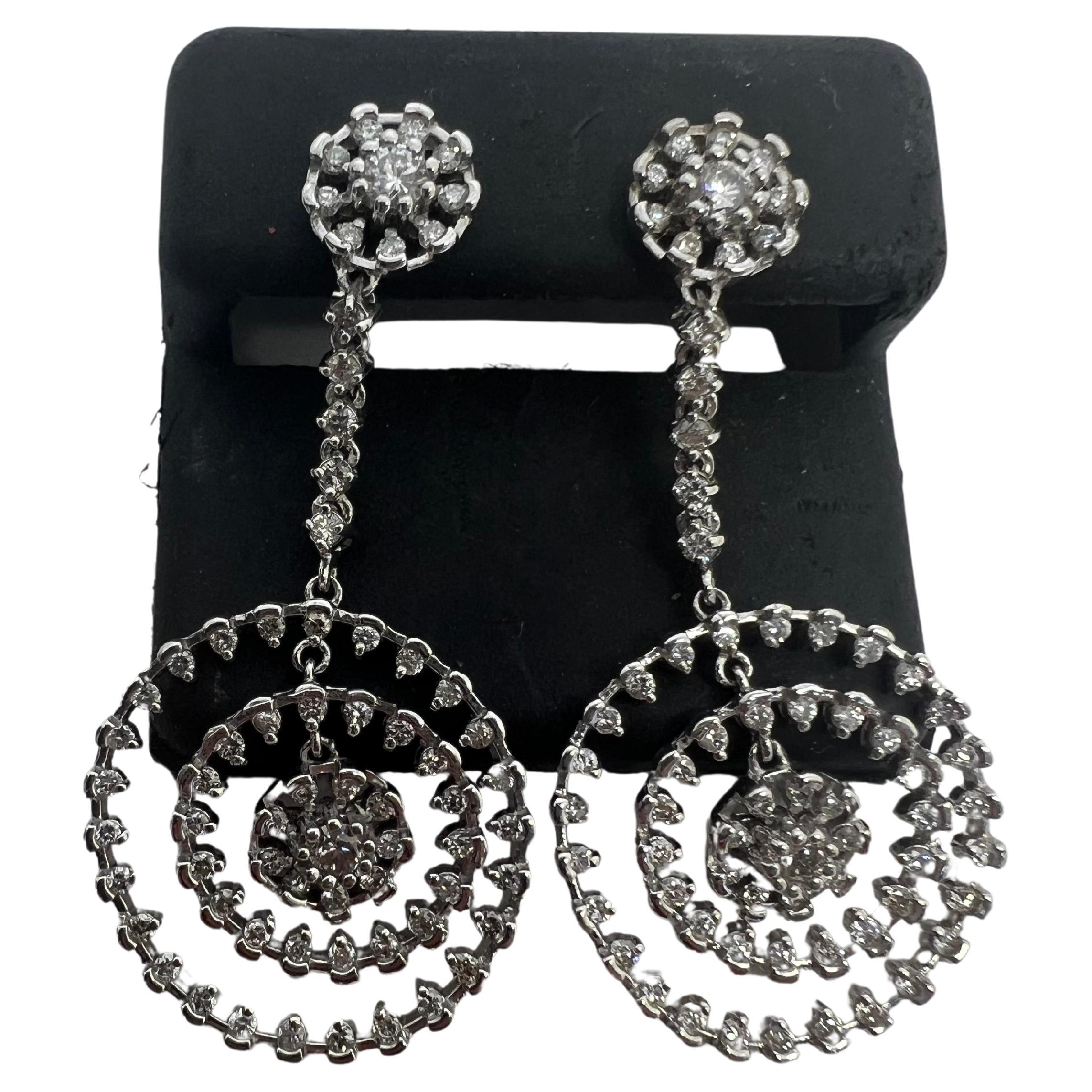 14k White Gold Diamond Drop Dangle Circle Pave Earrings For Sale