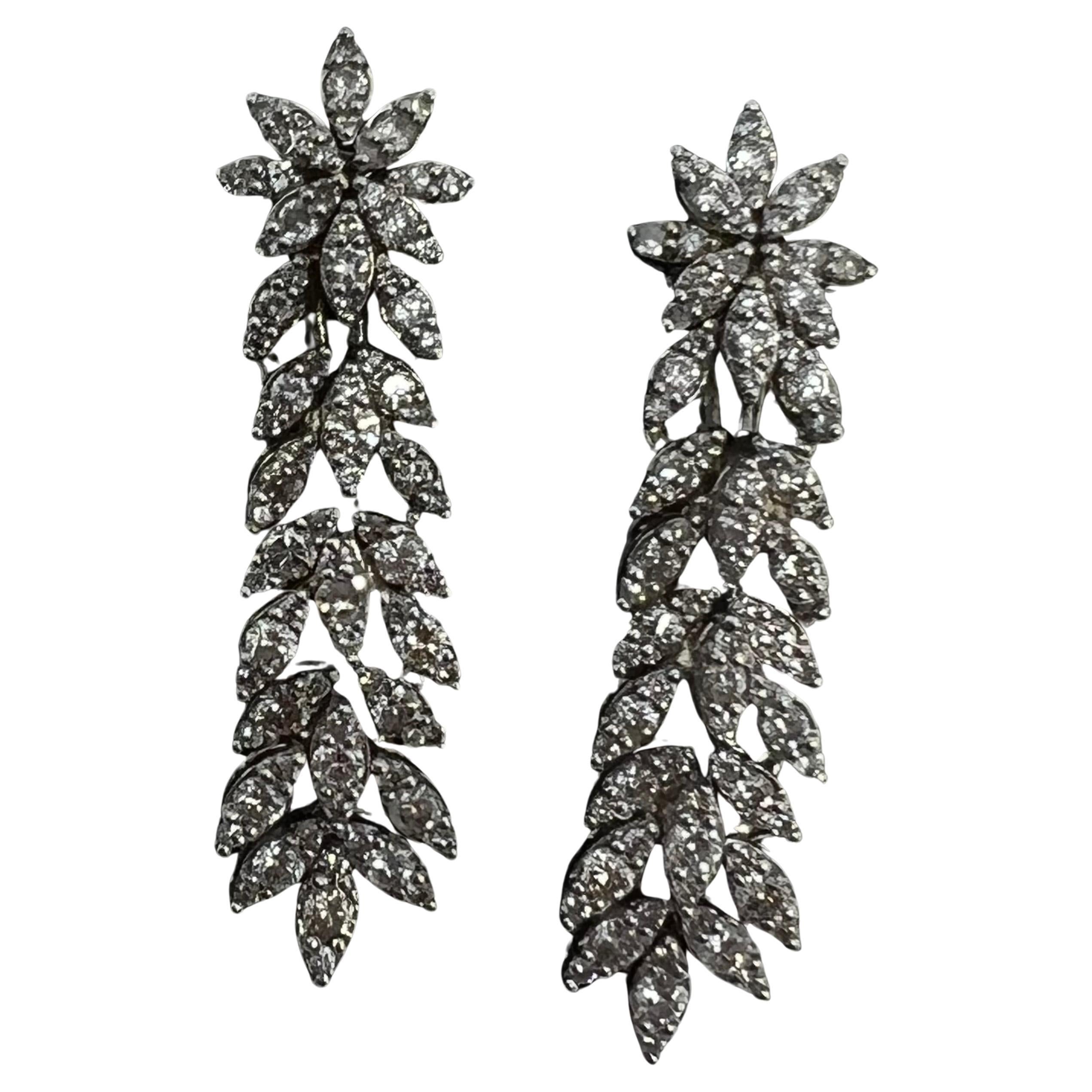 14k White Gold Diamond Drop Prong Dangle Flower Earrings