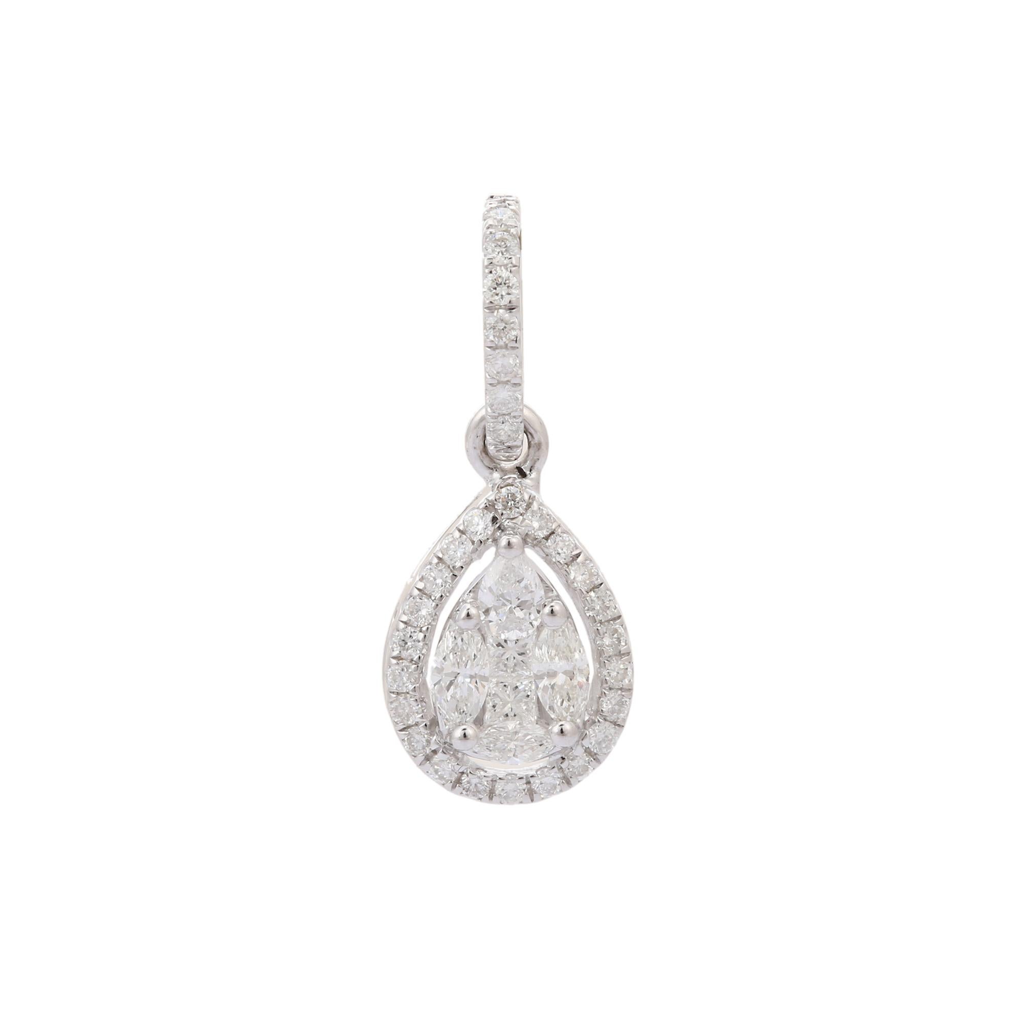 Modern 14K White Gold Diamond Drop Shape Pendant For Sale