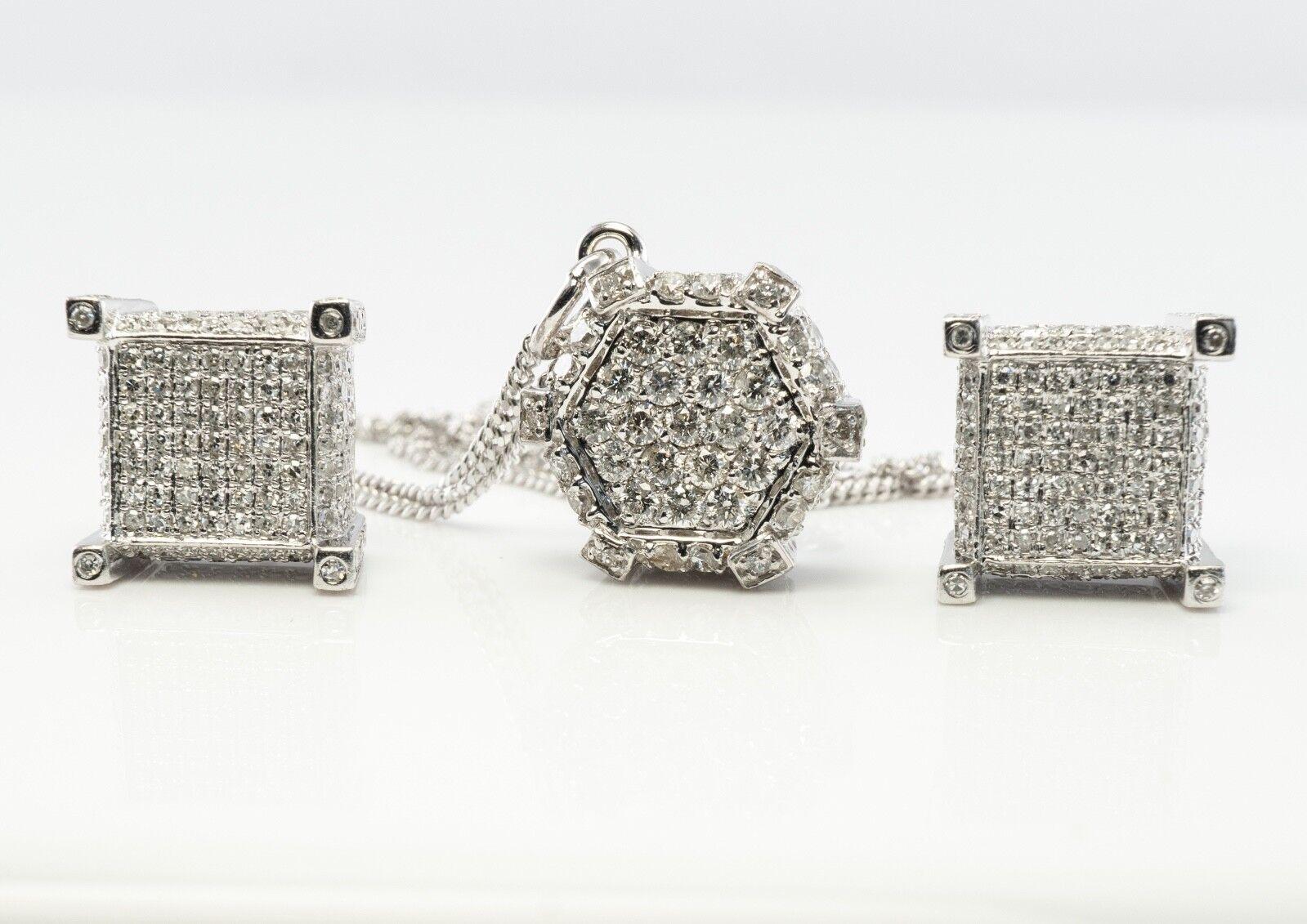 14K White Gold Diamond Earrings Diamond Pendant Diamond Necklace Set

This stunning diamond jewelry set is finely crafted in solid 14K White gold (stamped and tested) and set with white and fiery diamonds. 
The earrings are studded with 237 diamonds