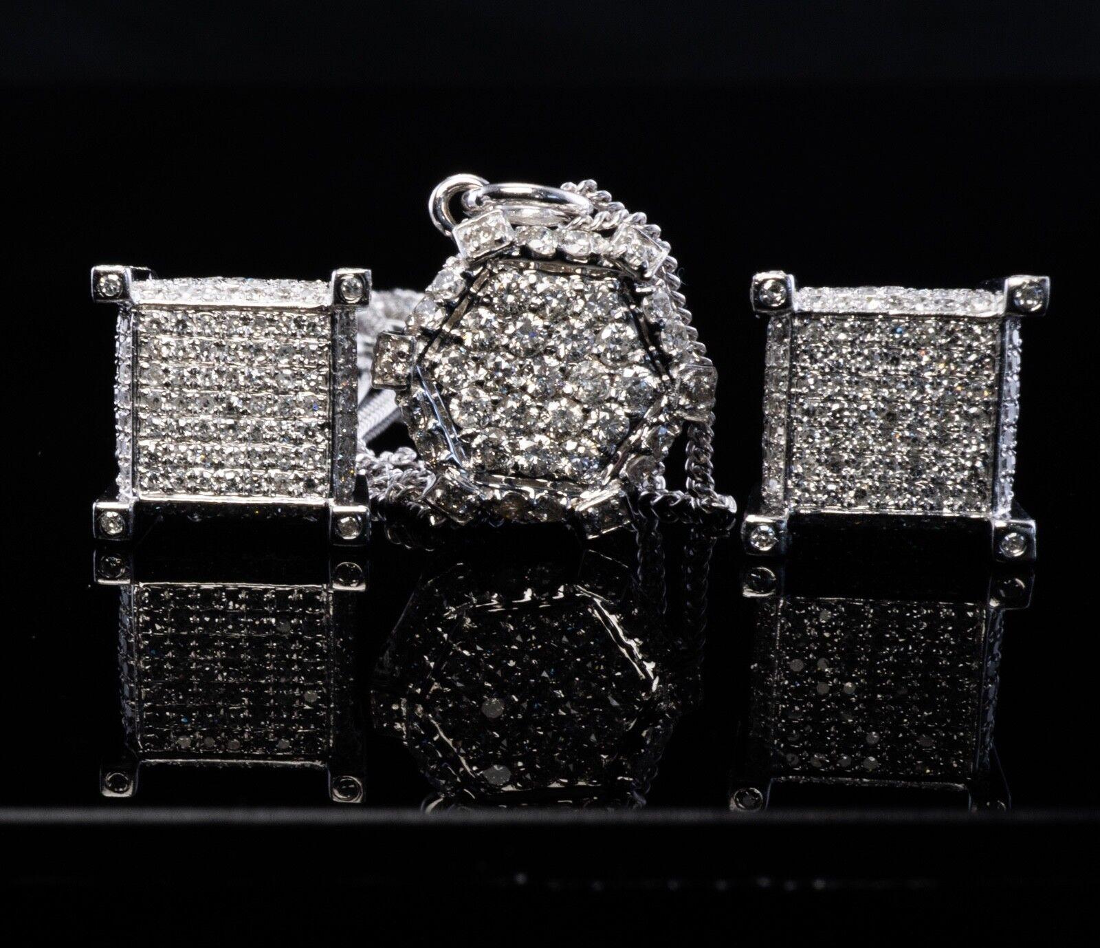 Round Cut 14K White Gold Diamond Earrings Diamond Pendant Diamond Necklace Set For Sale