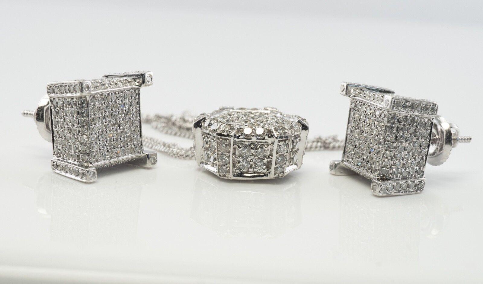 14K White Gold Diamond Earrings Diamond Pendant Diamond Necklace Set In Good Condition For Sale In East Brunswick, NJ