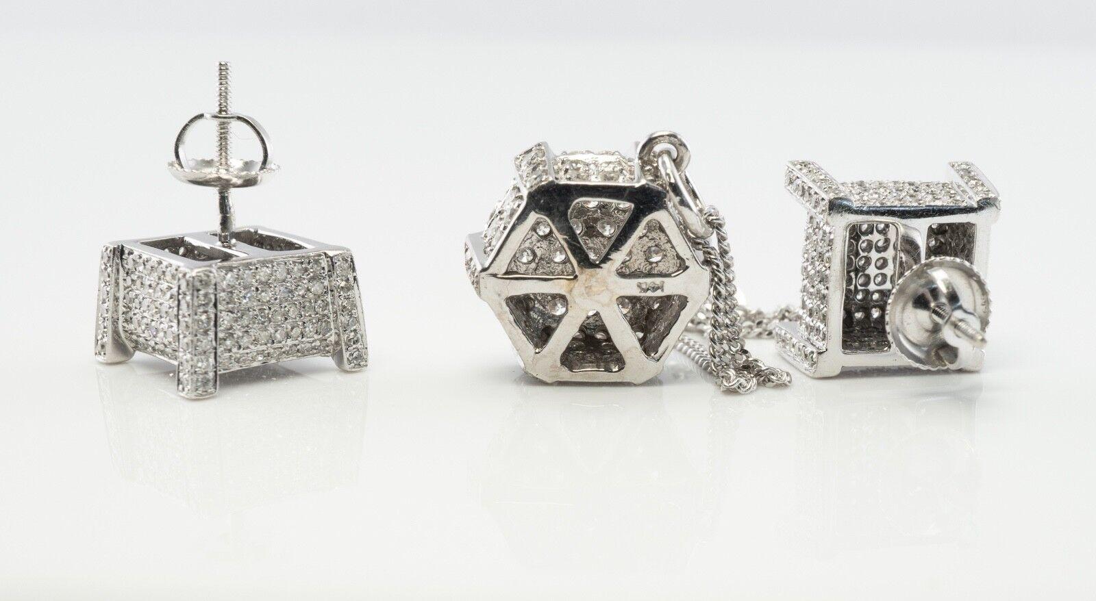 Women's 14K White Gold Diamond Earrings Diamond Pendant Diamond Necklace Set For Sale