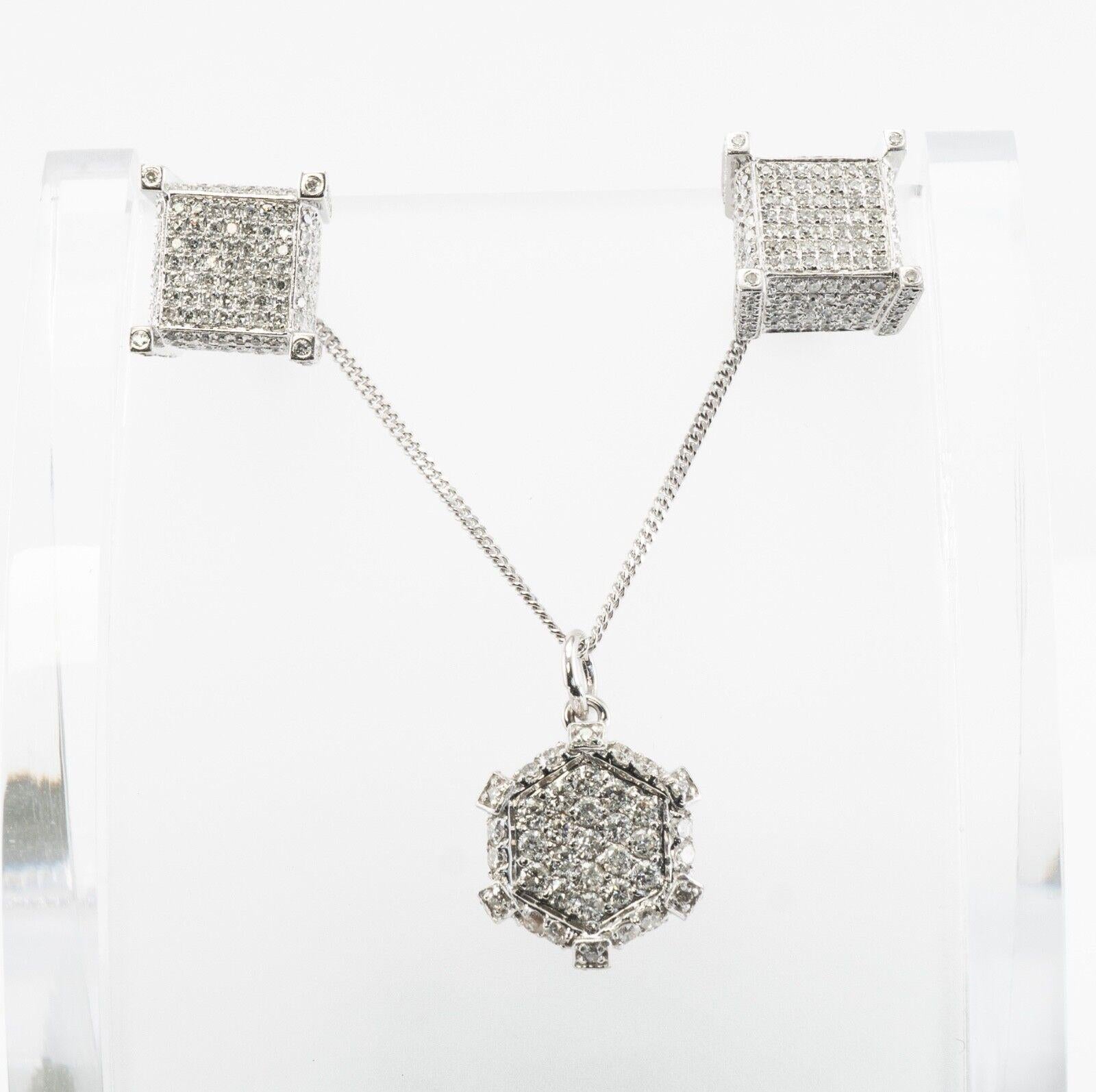 14K White Gold Diamond Earrings Diamond Pendant Diamond Necklace Set For Sale 2