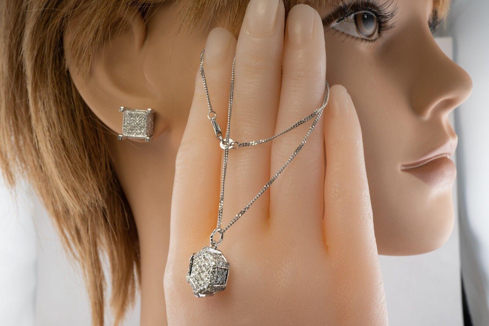 Boucles d'oreilles diamant en or blanc 14K Pendentif diamant Collier diamant en vente 4