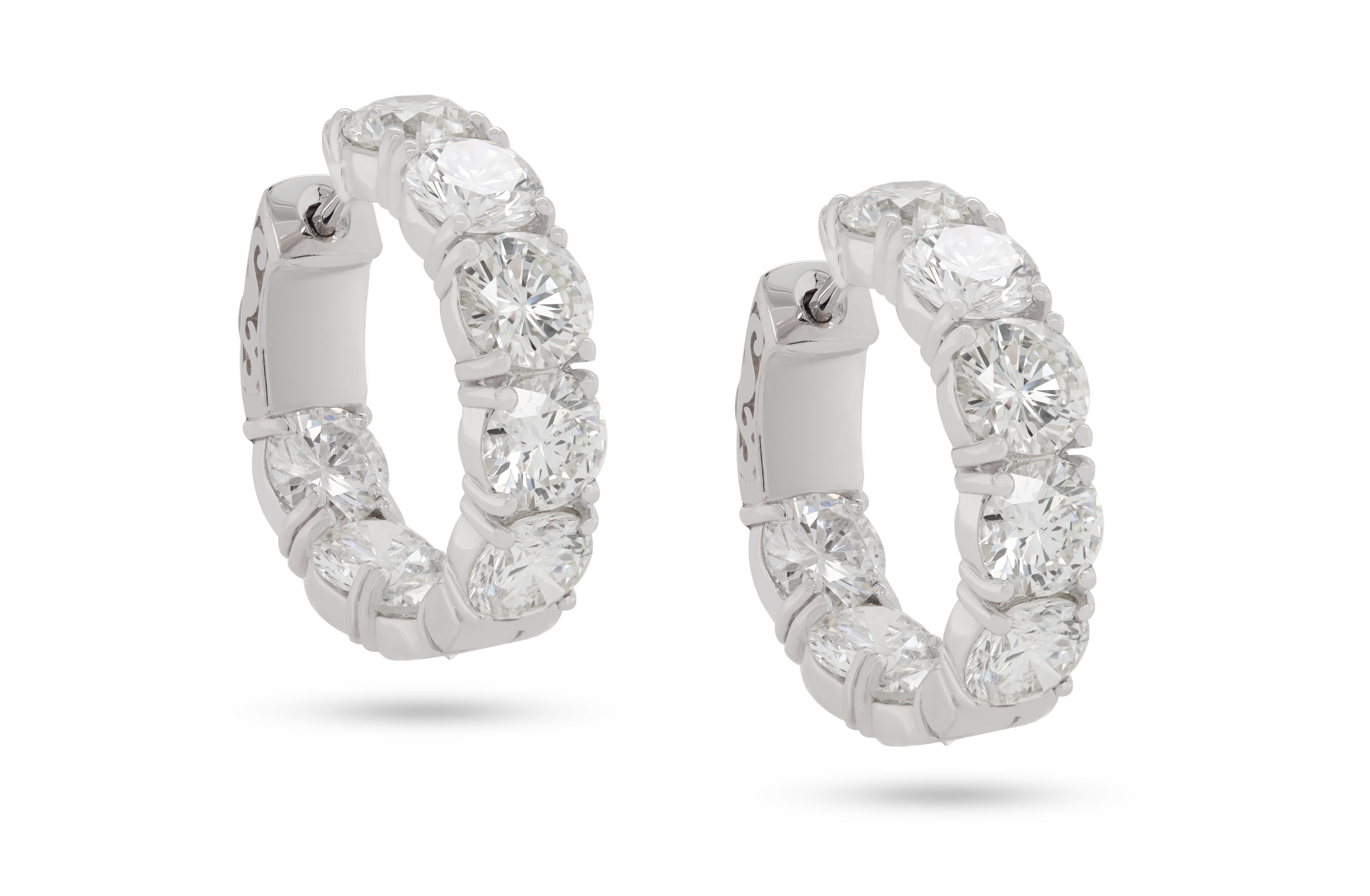 Round Cut 18K White Gold 7.10 Carat Diamond Hoop Earrings 0.40 Carats each For Sale