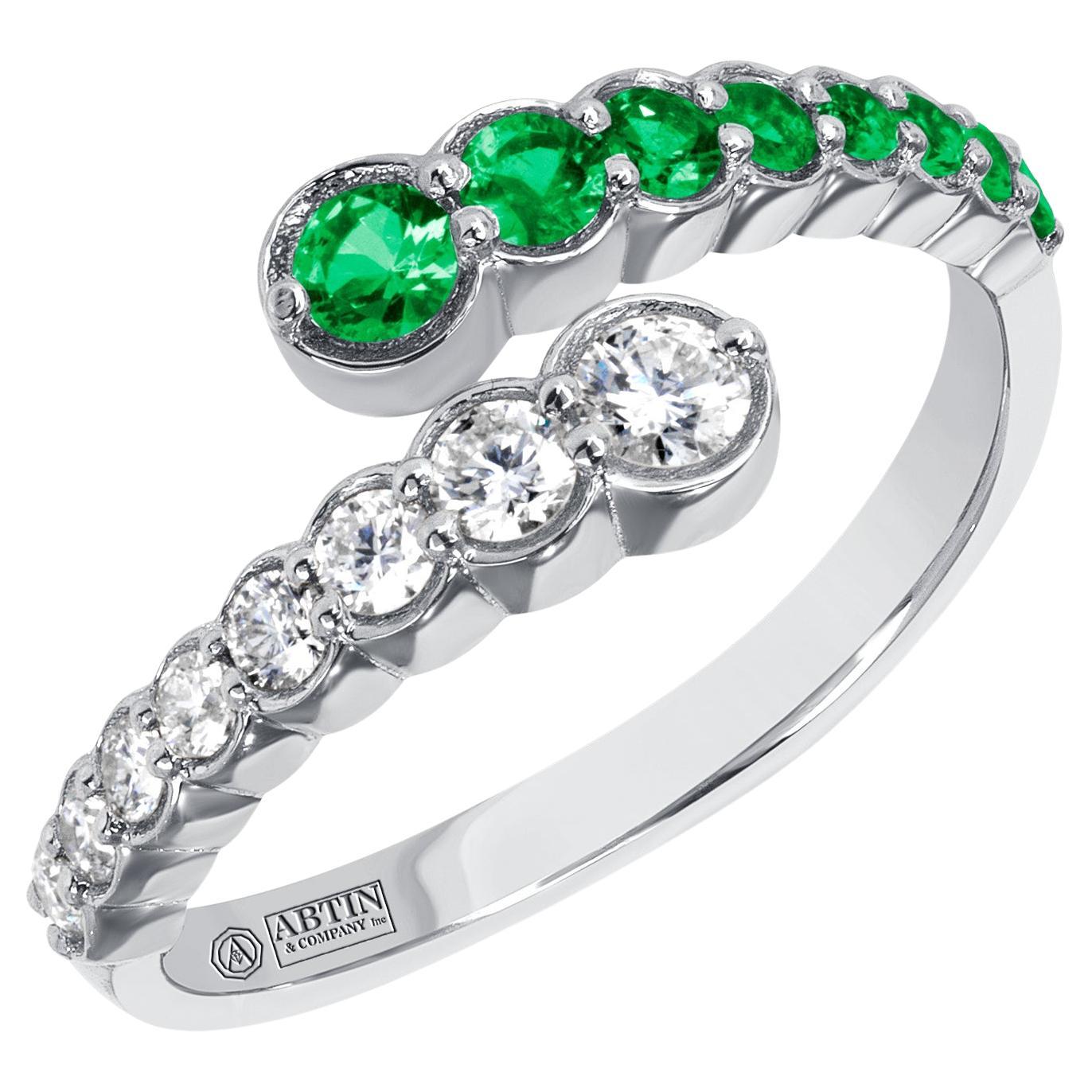 14K White Gold Diamond & Emerald Bezel Bypass Ring/ Band  For Sale